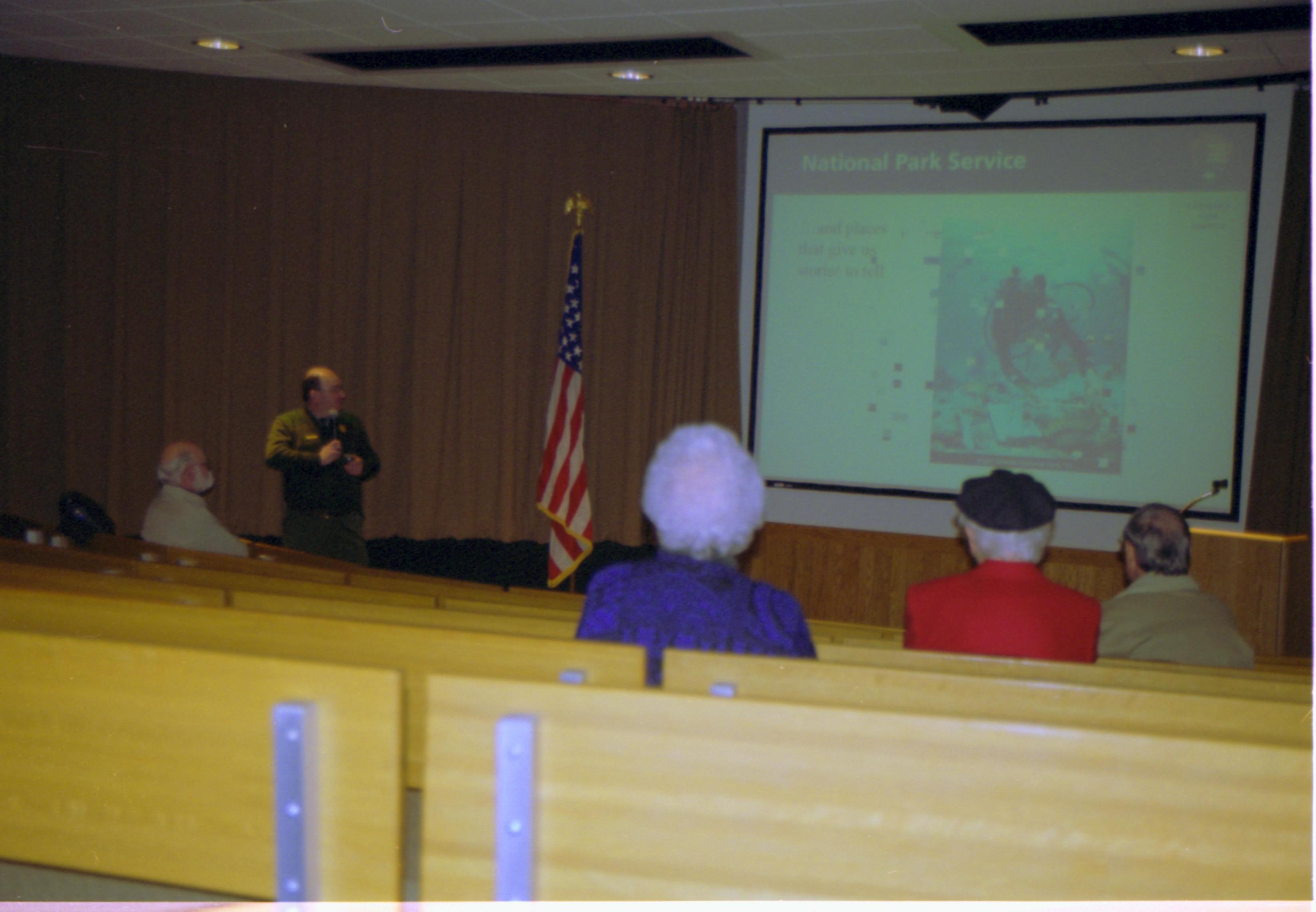 Ranger giving video talk in VC theater one. NPS, Slide Show