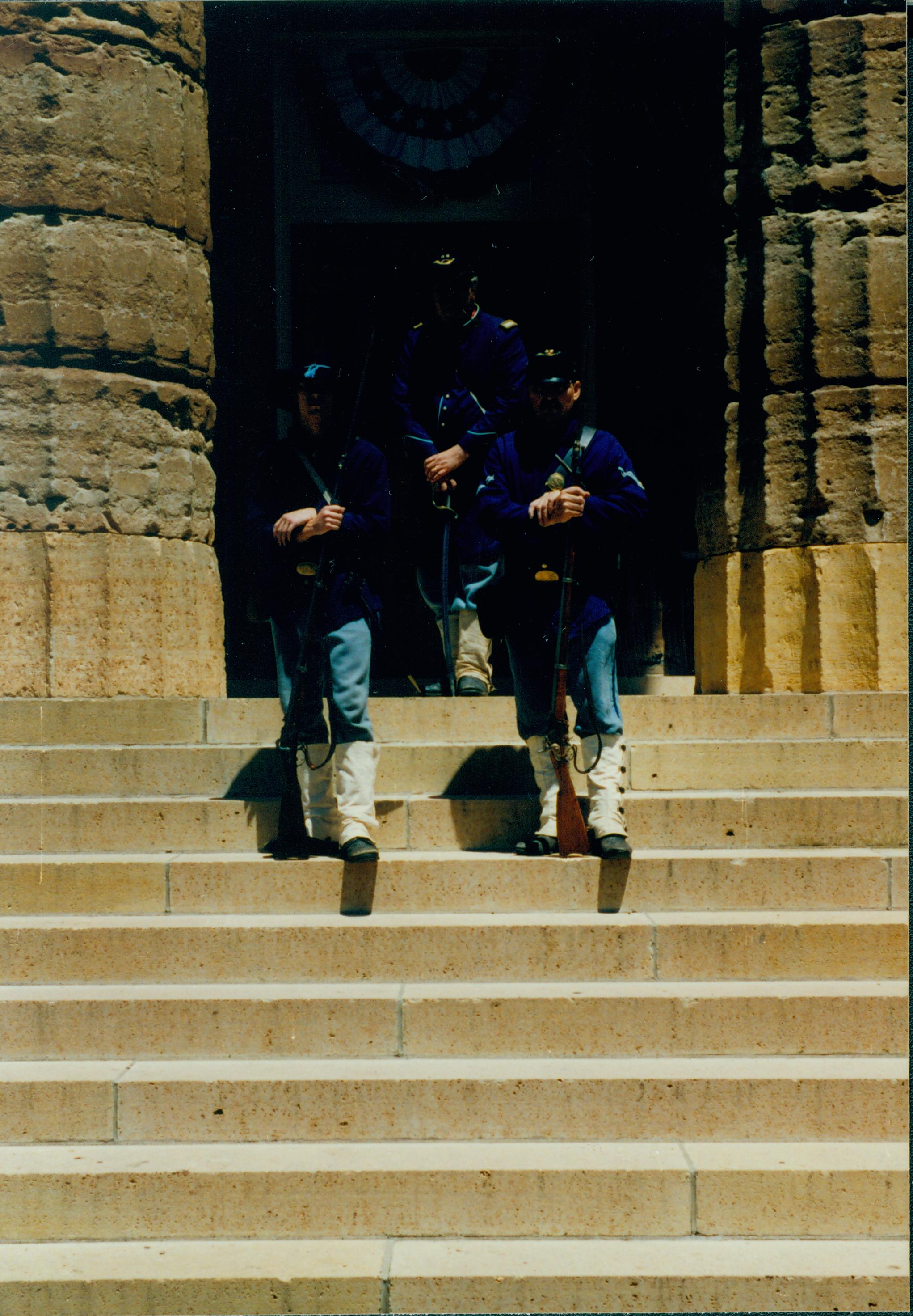 Civil War reenactors leaving Old State Capitol. Reenactors at Old State Capitol Old State Capitol, Decorations