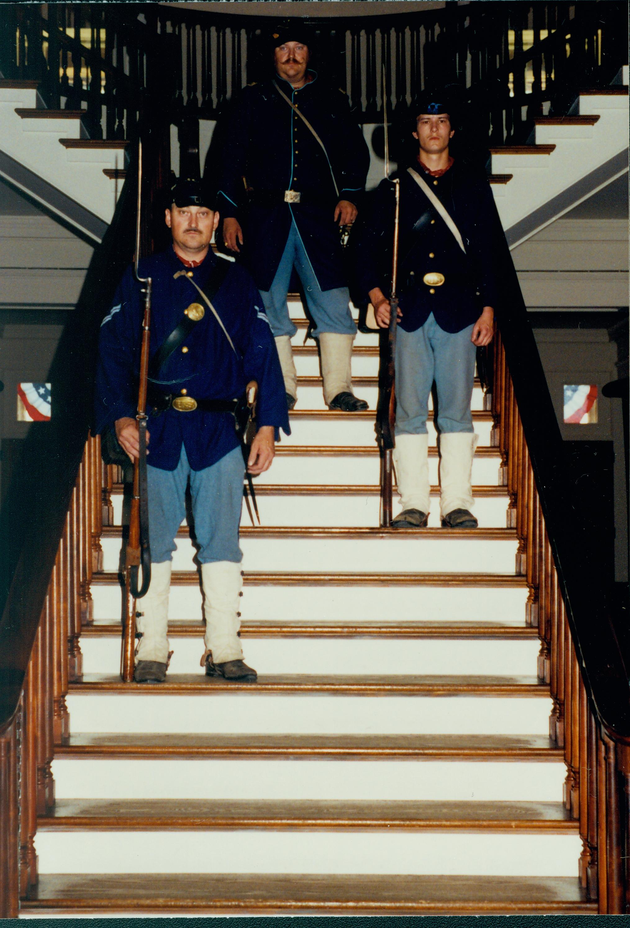 Civil War reenactors standing on steps in Old State Capitol. Reenactors at Old State Capitol Old State Capitol, Decorations