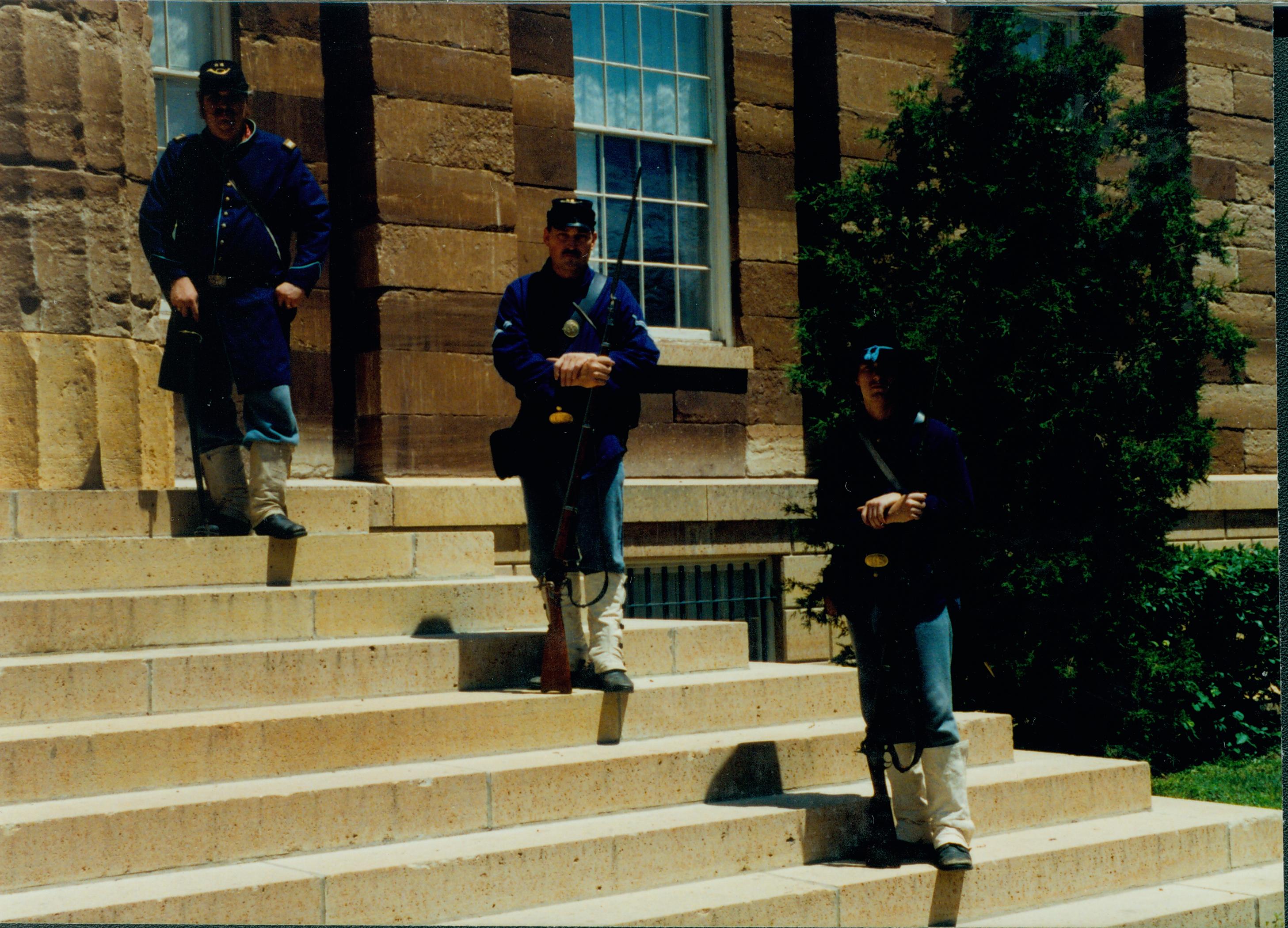 Civil War reenactors standing on steps outside Old State Capitol. Reenactors at Old State Capitol Old State Capitol, Decorations