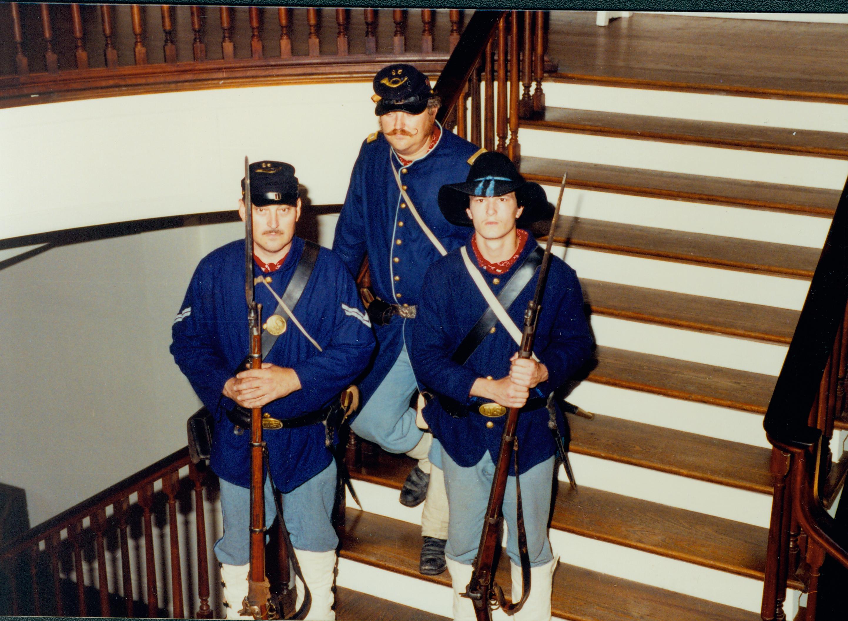 Civil War reenactors standing on steps in Old State Capitol. Reenactors at Old State Capitol Old State Capitol, Decorations