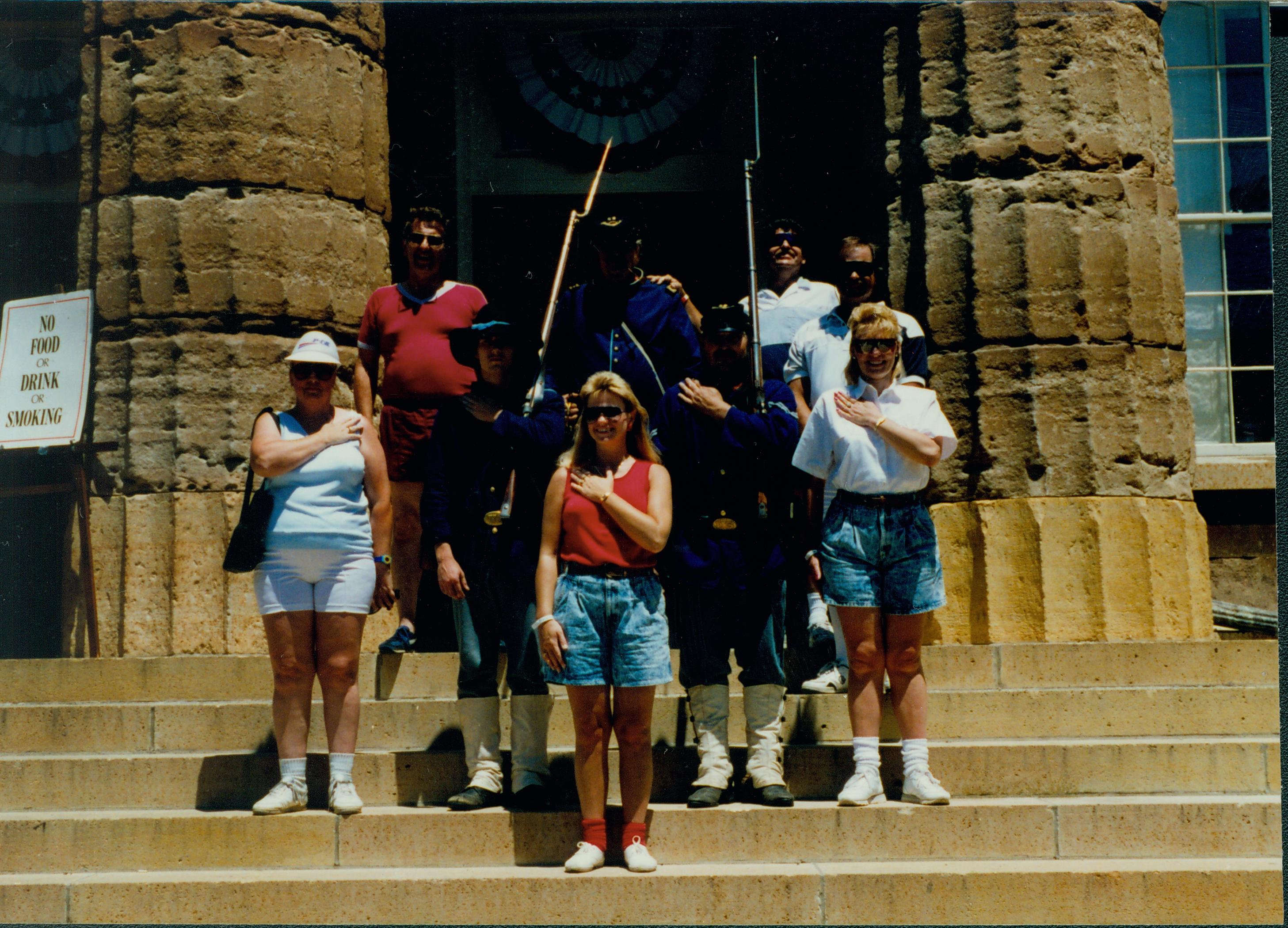 People standing on steps of Old State Capitol. Reenactors at Old State Capitol Old State Capitol, Decorations