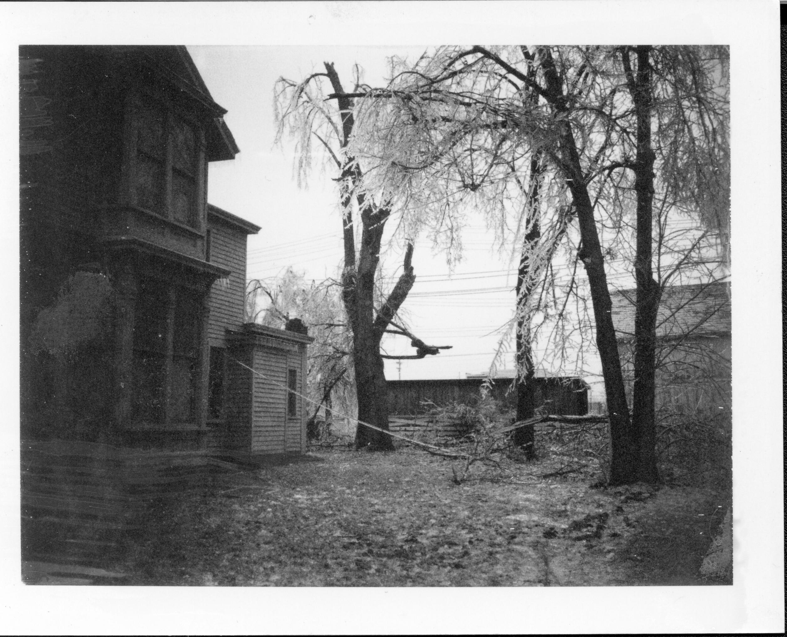 Ice Storm - South side of Robinson House, Allen barn on right, storage shed in center Looking East Robinson, Allen Barn, Ice Storm