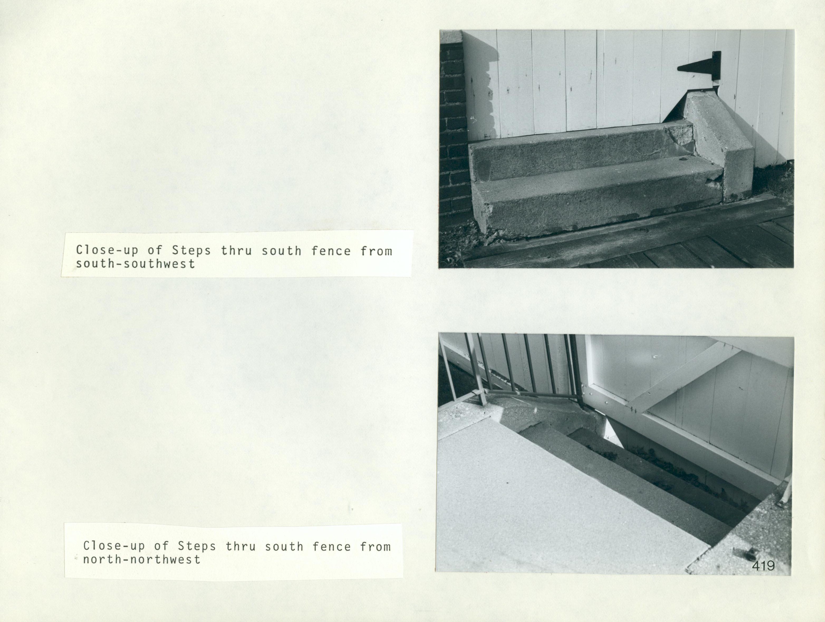 Close-up of Steps thru south fence from south-southwest [top] and Close-up of Steps thru south fence from north-northwest [bottom] south, fence, steps, Lincoln, Home