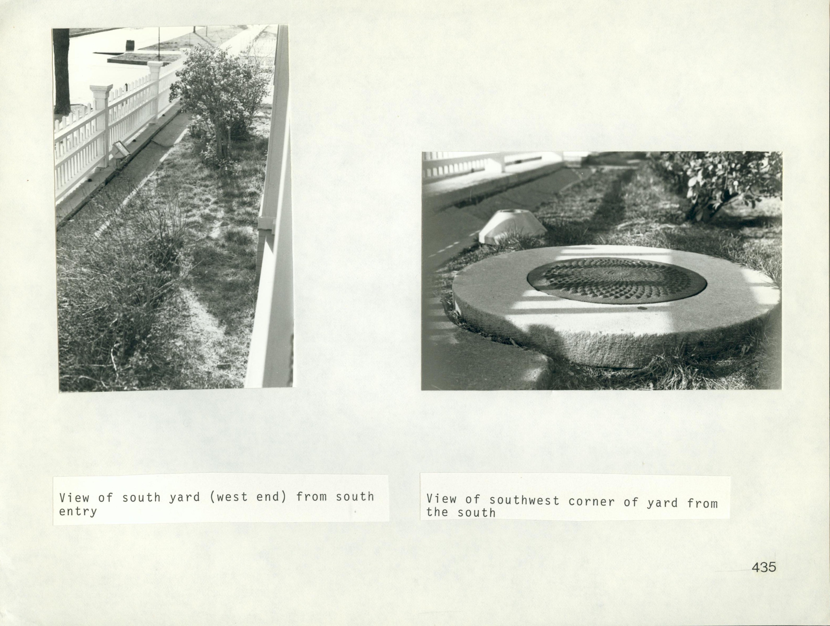 View of south yard (west end) from south entry [left] and View of southwest corner of yard from the south [right] south, yard, Lincoln, home, manhole