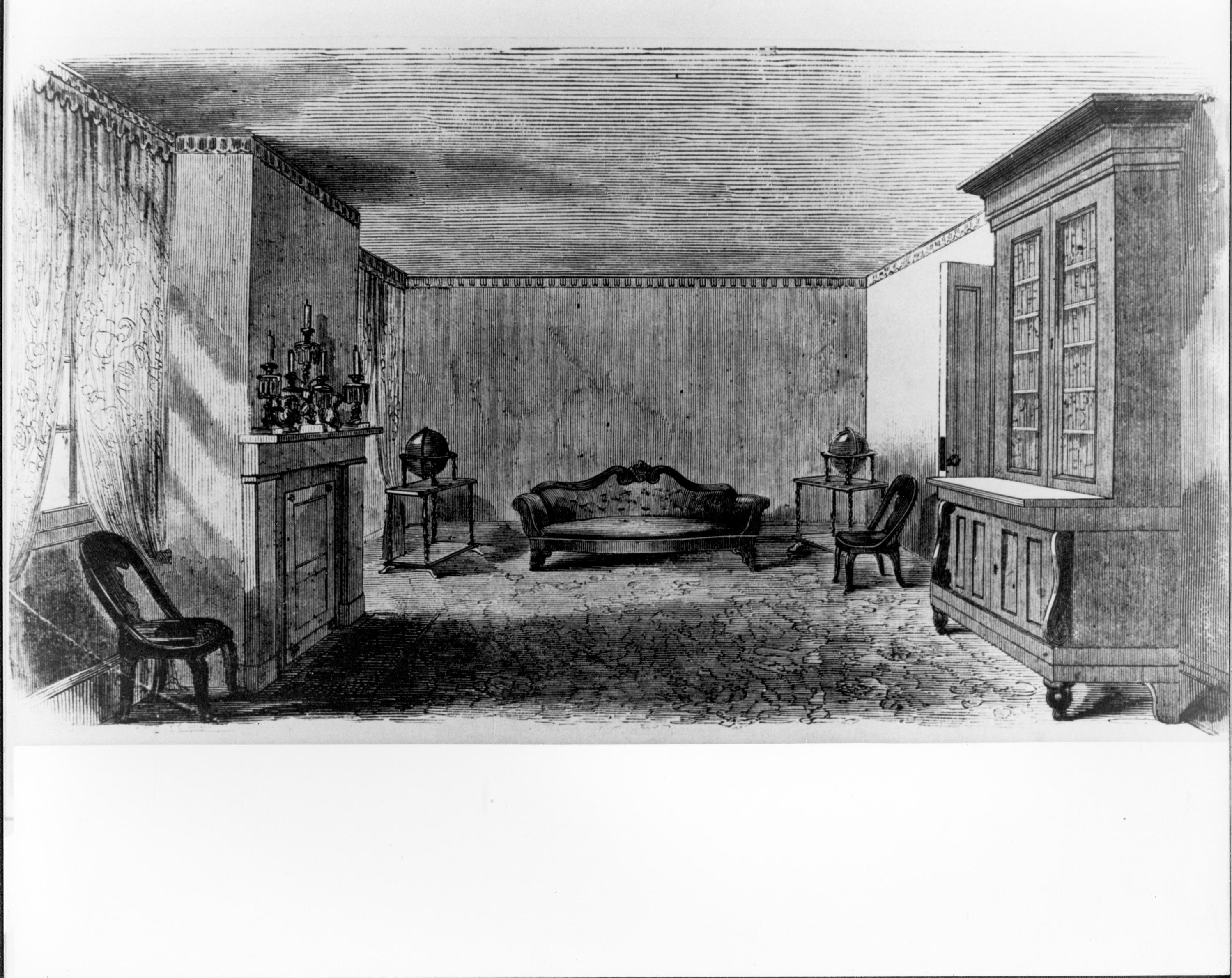 NA drawing, etching Lincoln, Home, Rear, Parlor, drawing, etching