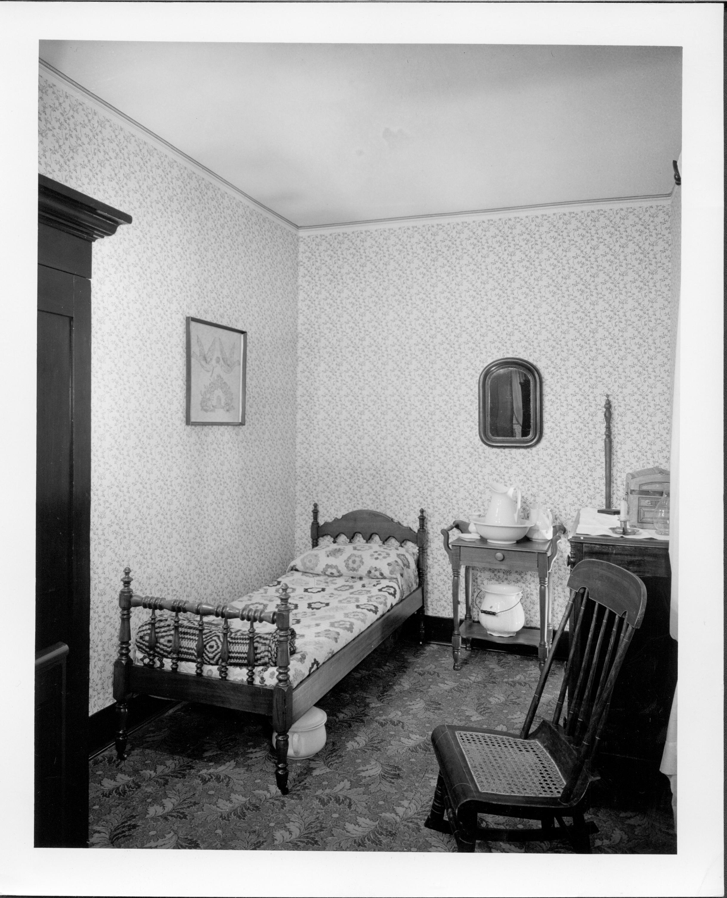 No. 7 - Above is a photograph of the maids room on the second floor of the Abraham Lincoln Home. 310 - room is on the north-east corner of the house, on the second floor. Lincoln, Home, Maids bedroom, Sewing room