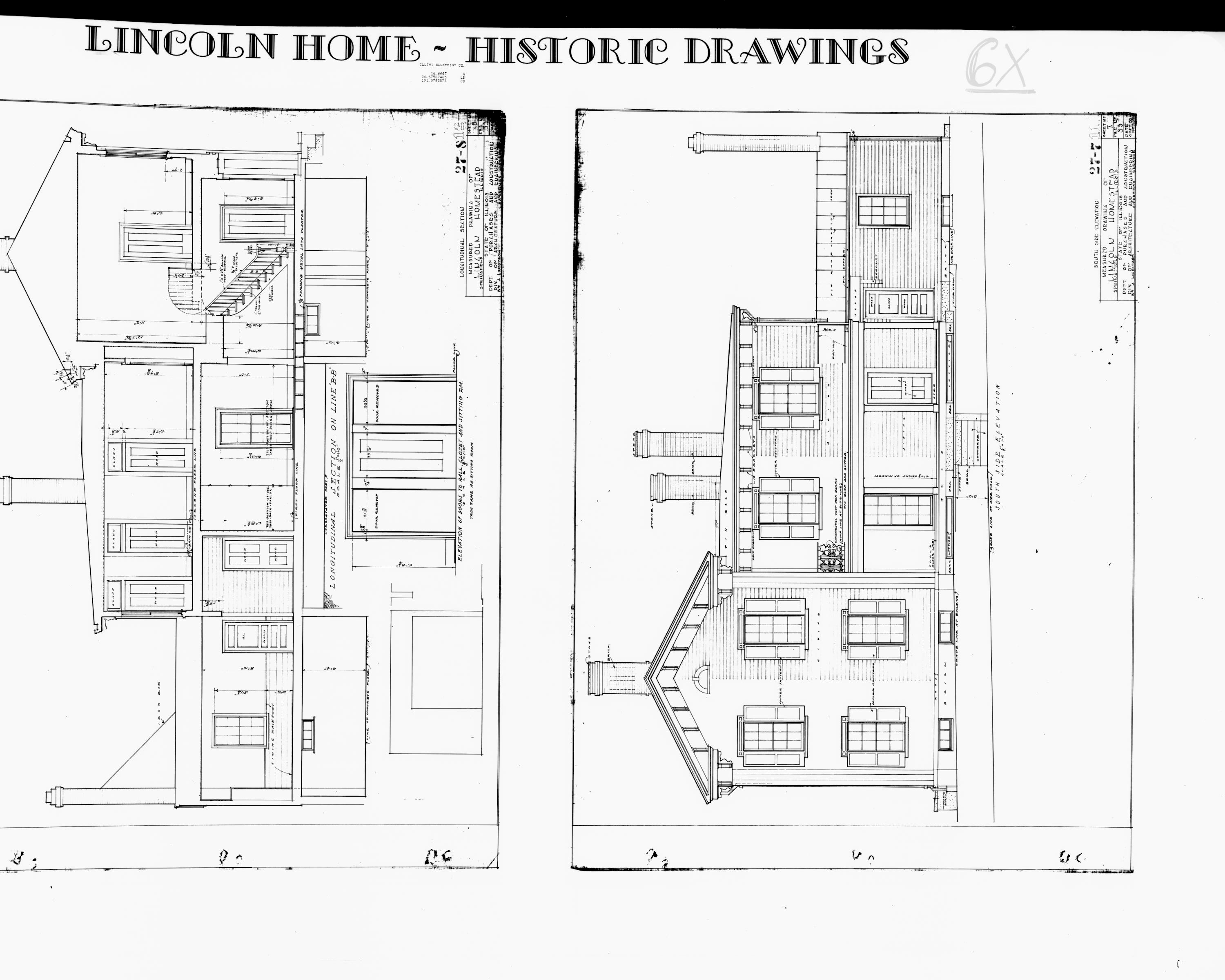 Lincoln Home - Historic Drawings 10 Lincoln, home, historic drawings, Longitudinal Section, South Elevation