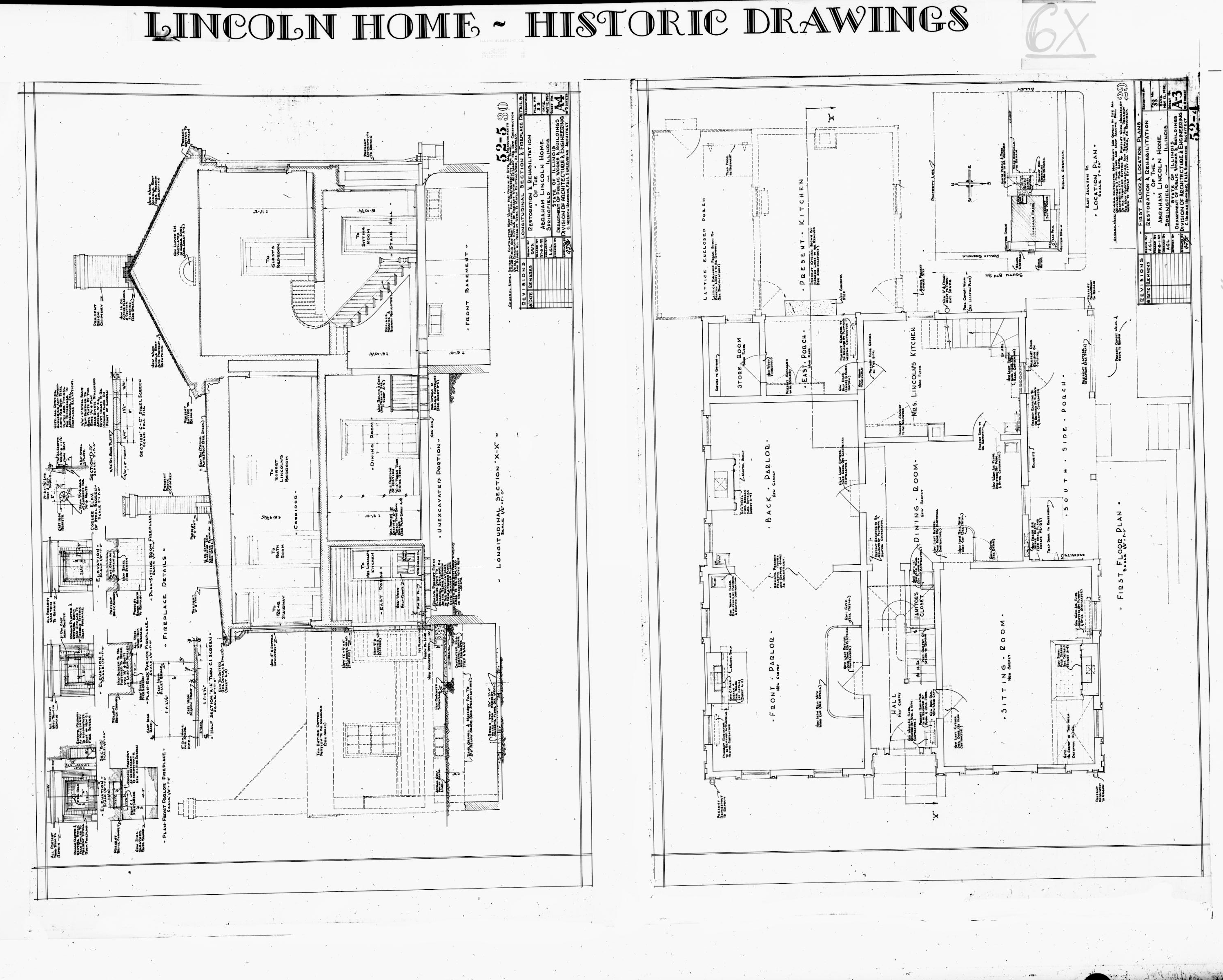 Lincoln Home - Historic Drawings 31 Lincoln, home, historic drawings, restoration & rehab, longitudinal section & fireplace, first floor plan and site plan
