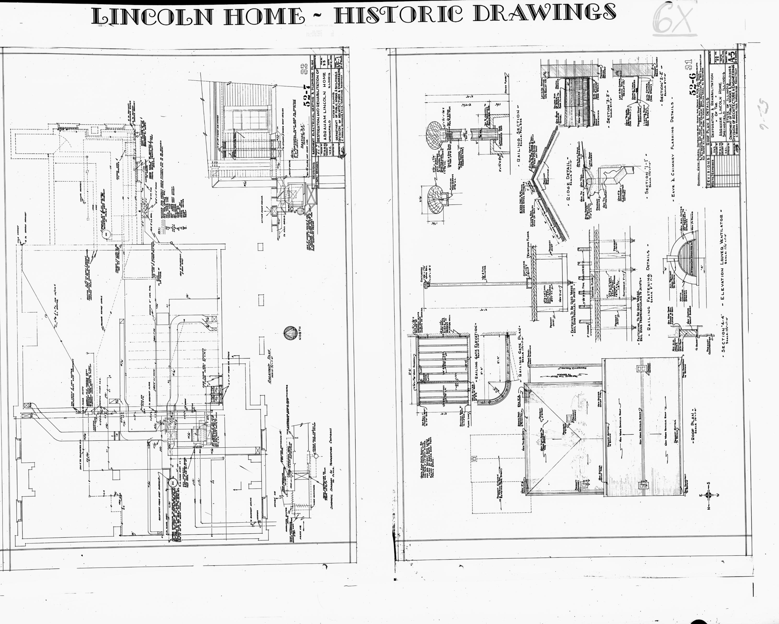 Lincoln Home - Historic Drawings  32 Lincoln, home, historic drawings, restoration & rehab, elec/htg/plbg, basement, roof plan, handrail detail