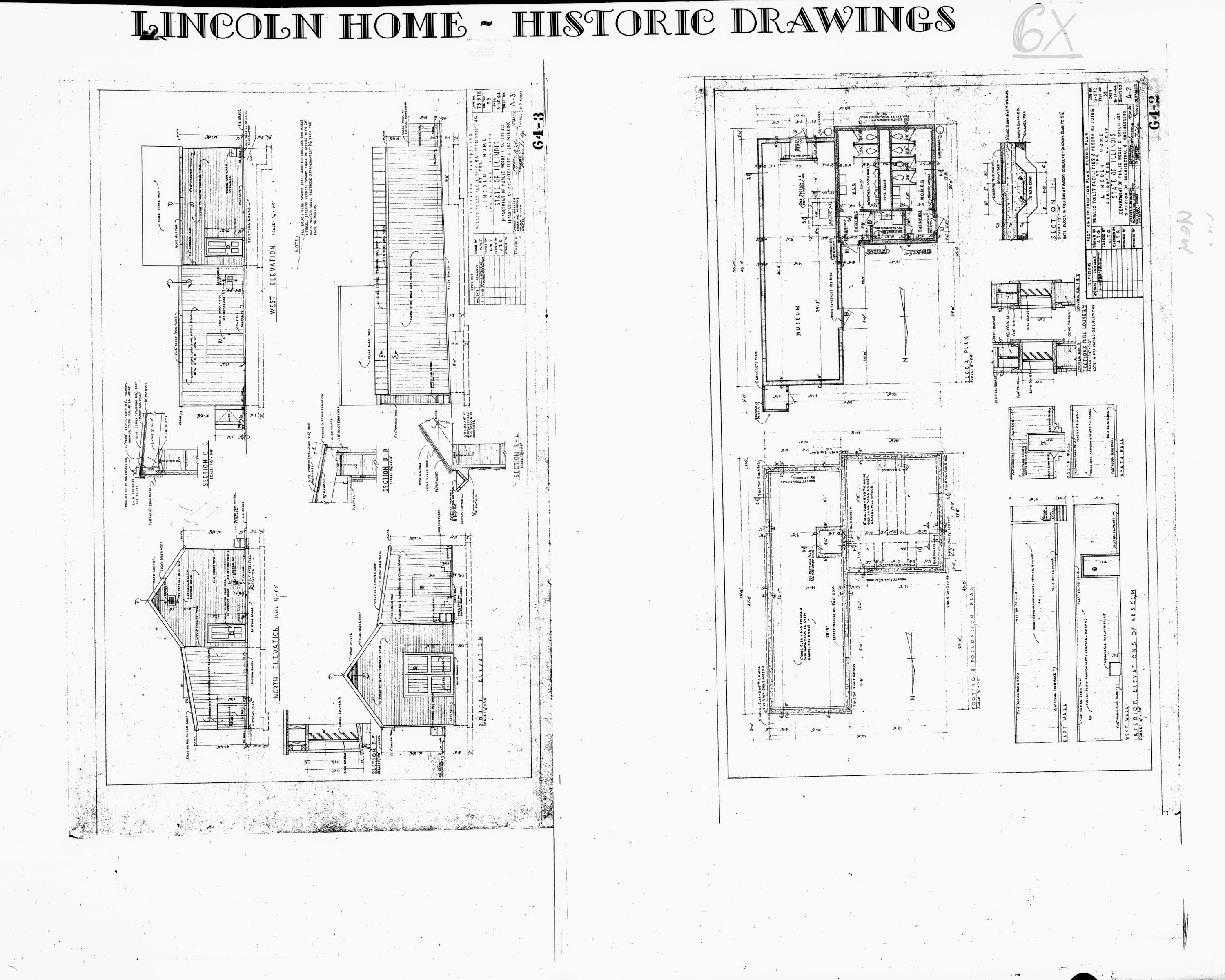 Lincoln Home - Historic Drawings  44 Lincoln, home, historic drawings, public toilet & museum facility, exterior elevations, footing, foundation, floor plan