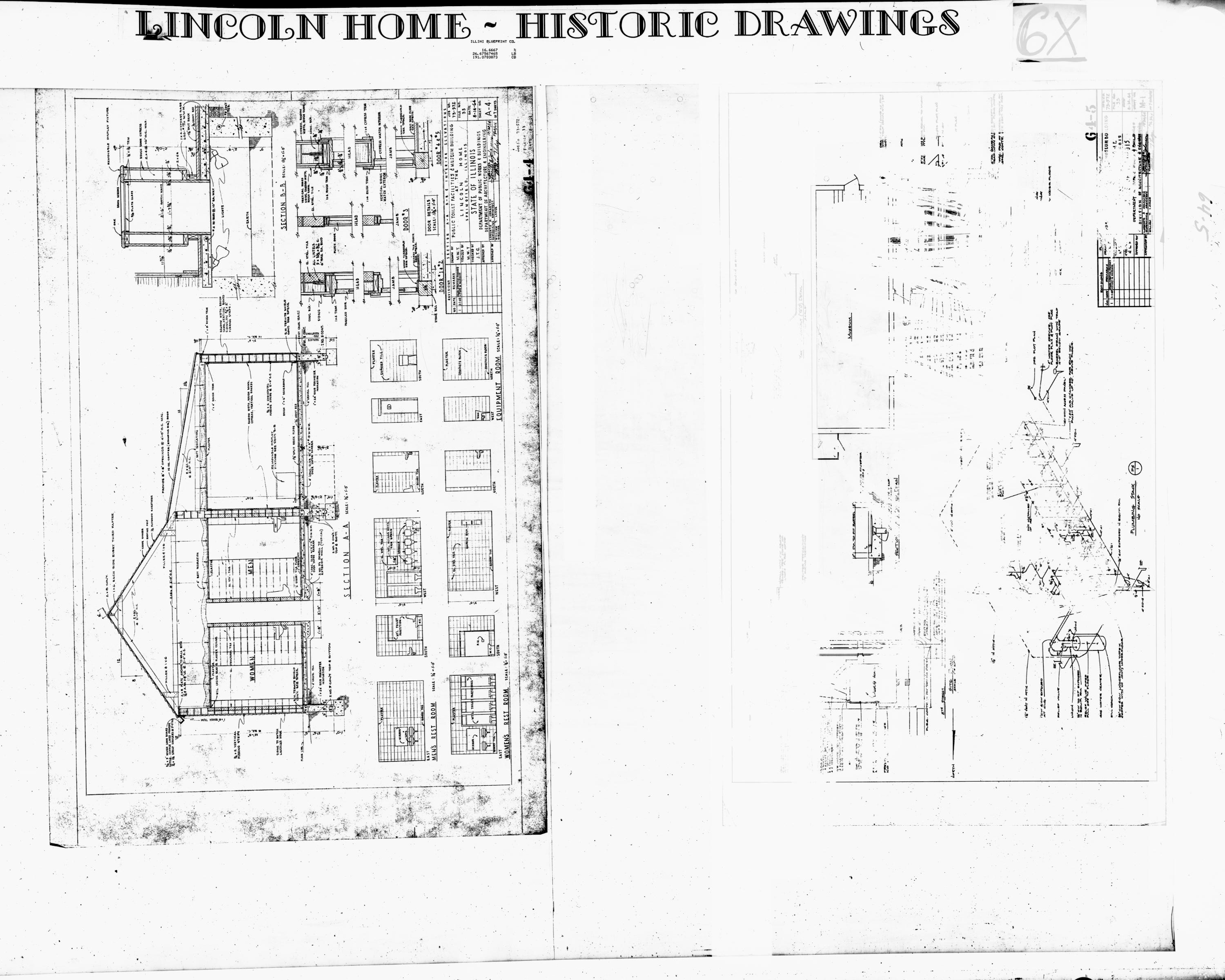 Lincoln Home - Historic Drawings  45 Lincoln, home, historic drawings, public toilet & museum facility, section & interior elevations