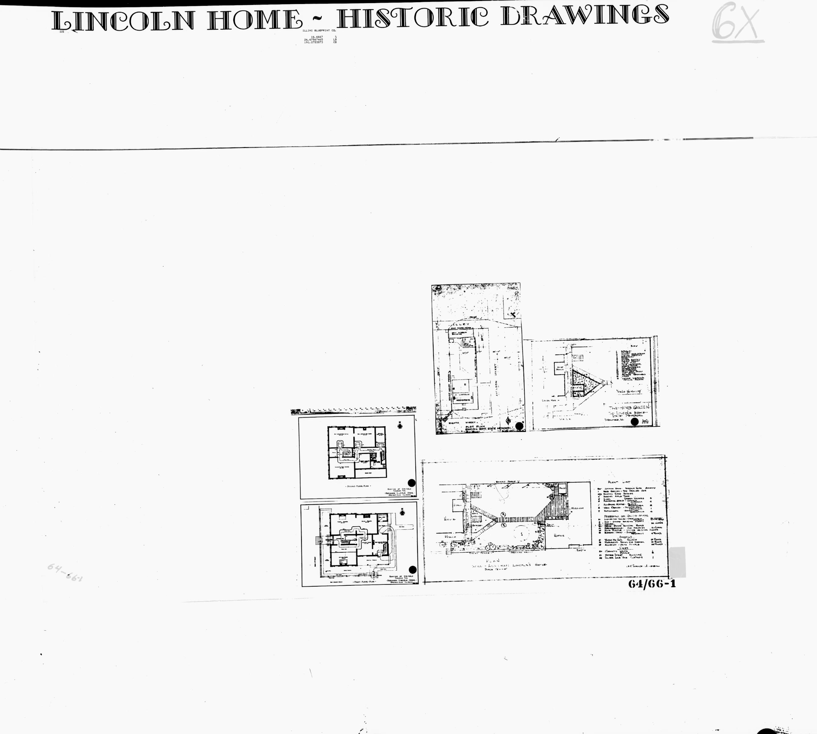 Lincoln Home - Historic Drawings  48 Lincoln, home, historic drawings, routing visitors, first floor plan, second floor plan, plot plan, herb garden, yard plan