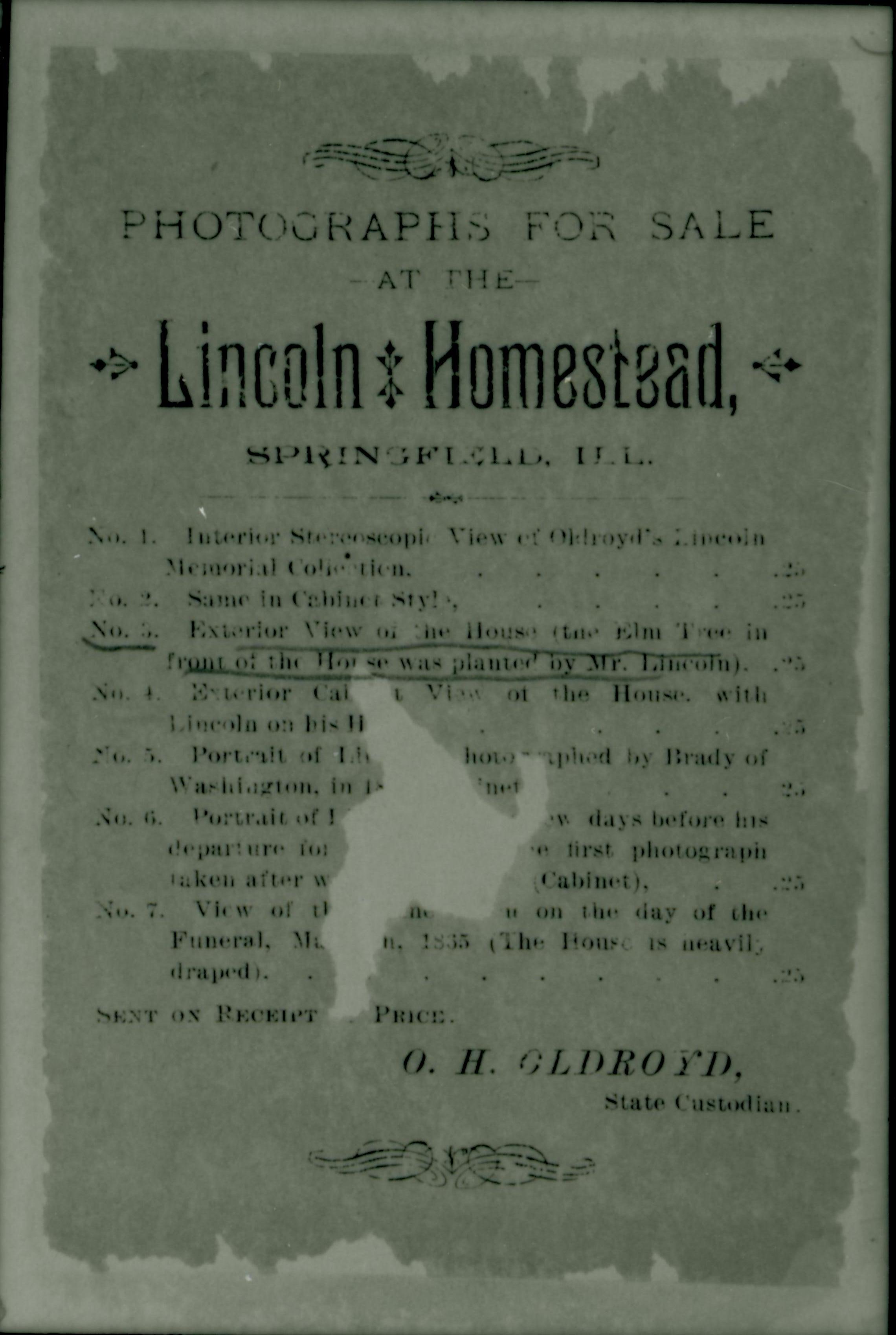 Photographs for Sale at the Lincoln Homestead, Springfield, Illinois... text Oldroyd