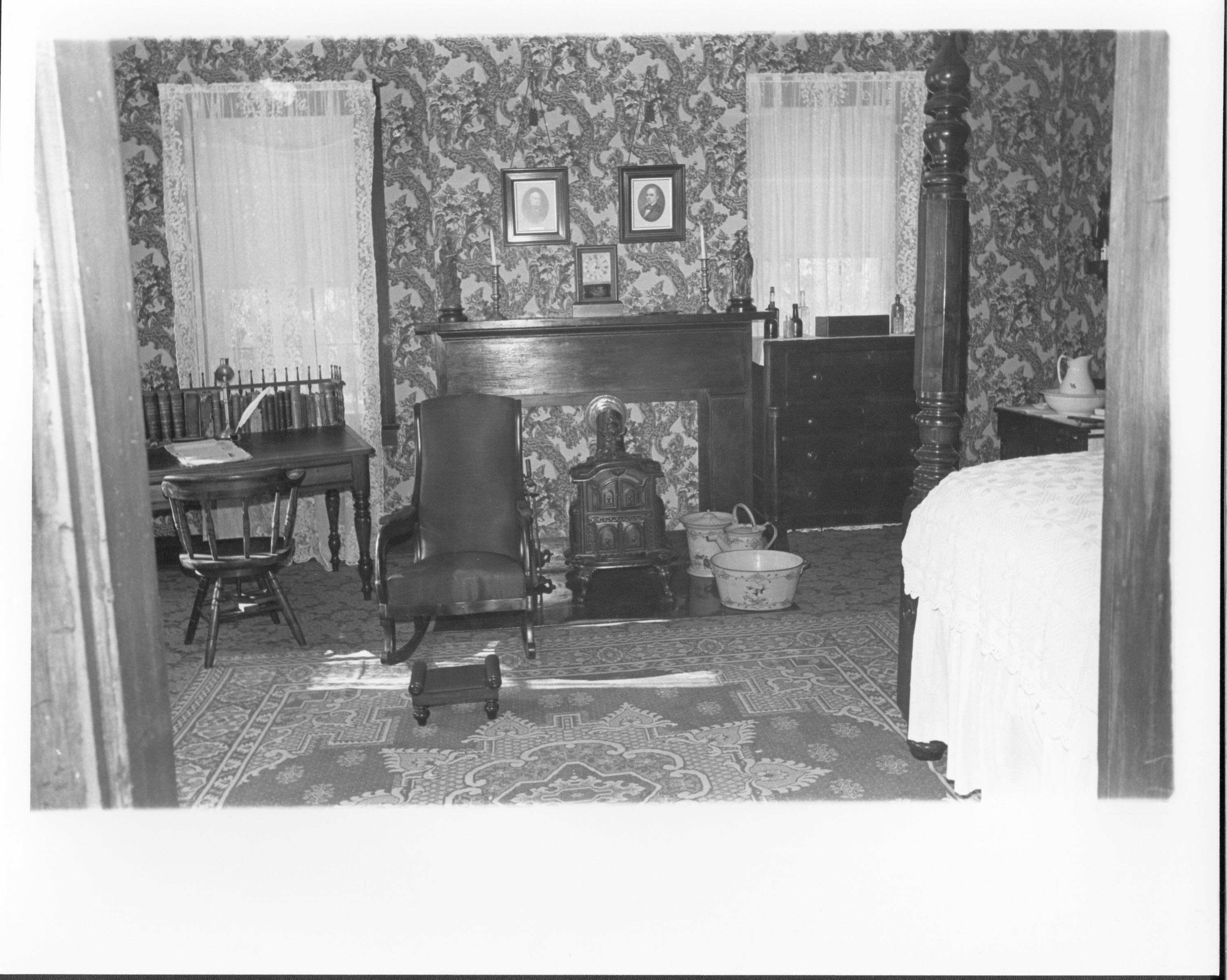 NA Lincoln Bedroom Lincoln Home, Bedroom, fireplace, windows, rocking chair, desk