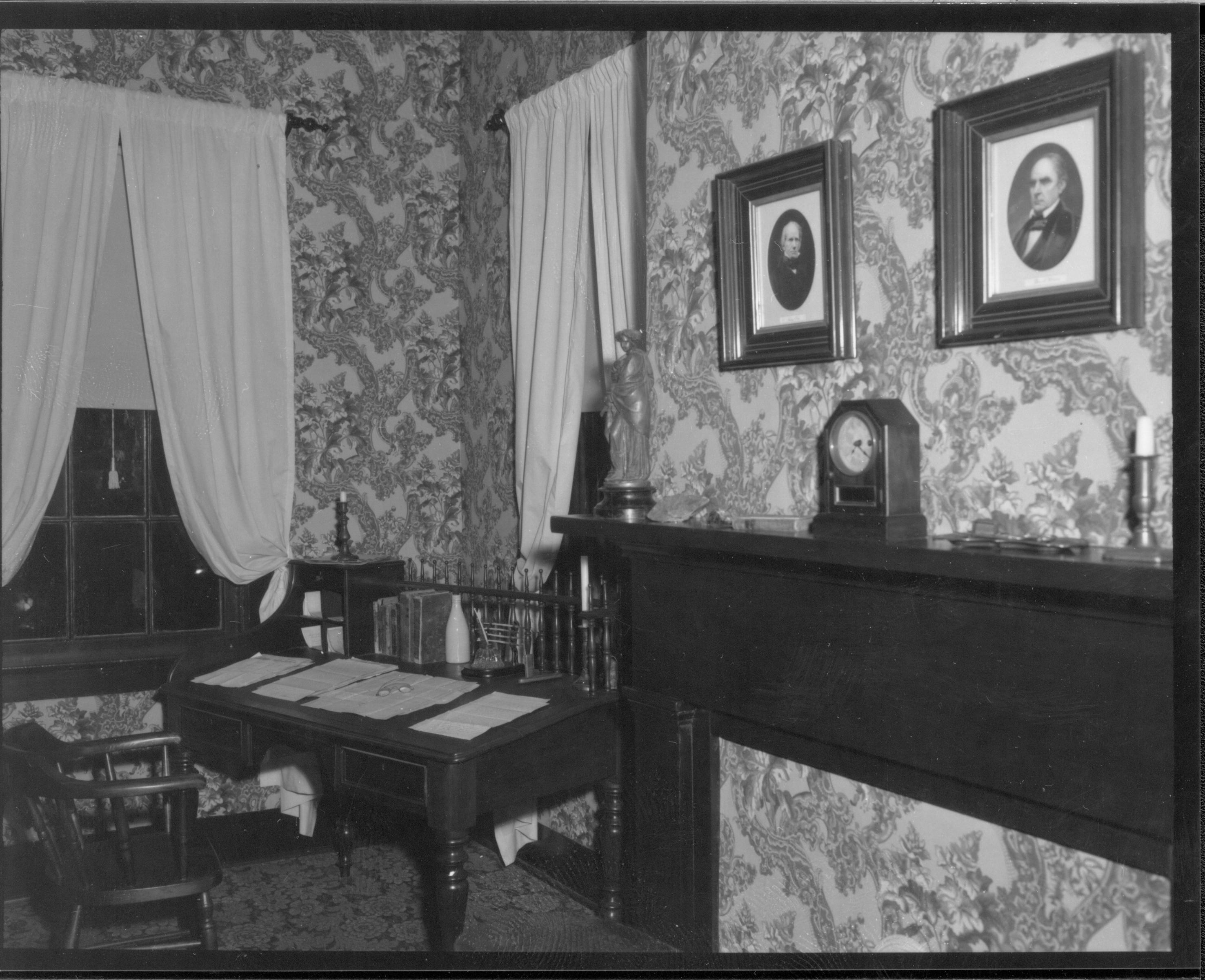 Spindle Desk - Lincoln's Home Lincoln Home, Bedroom, spindle table, bureau, windows, clock