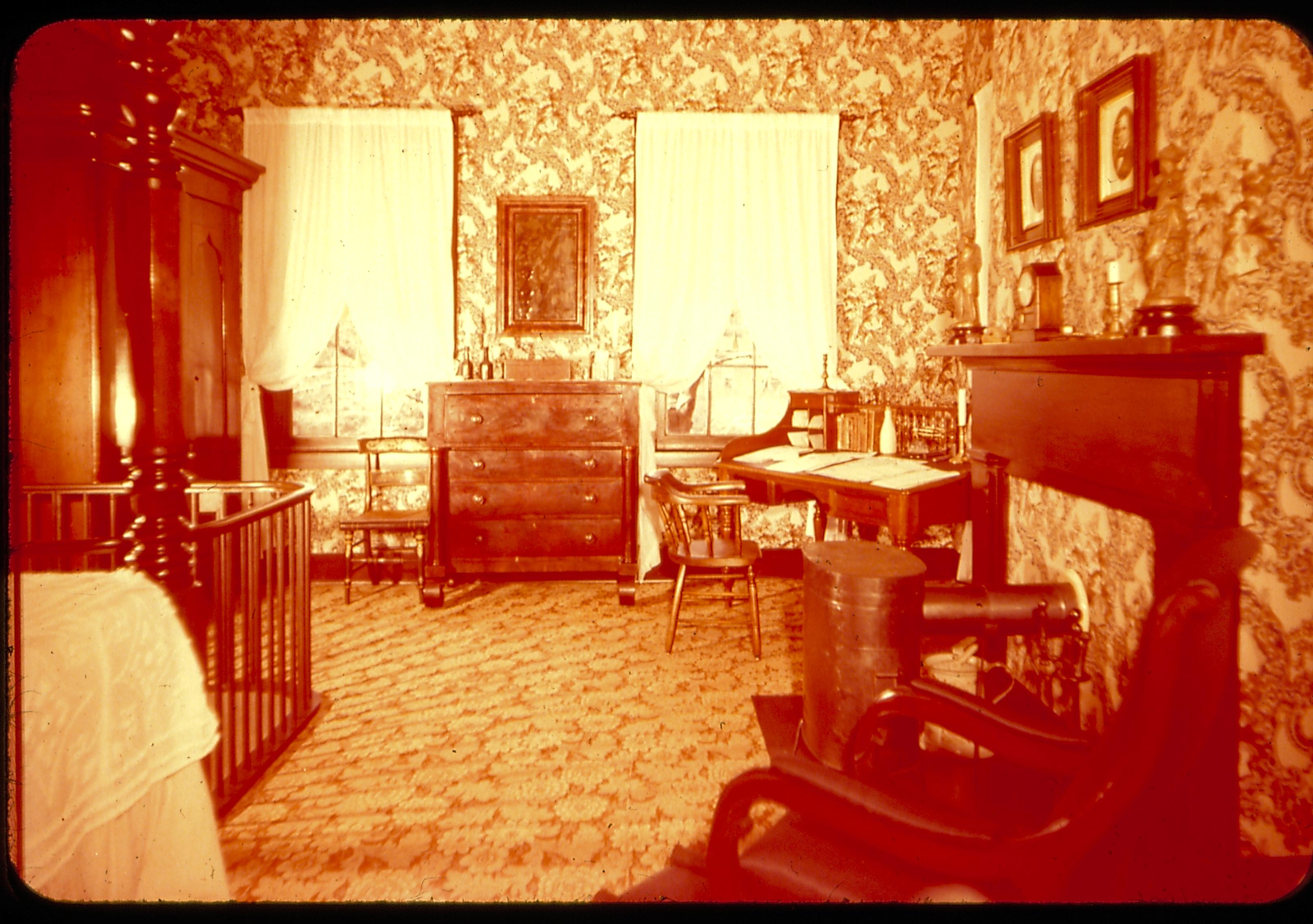 Spindle Desk - Lincoln's Home Lincoln Home, Bedroom, bed, rocking chair, fireplace, chest, windows