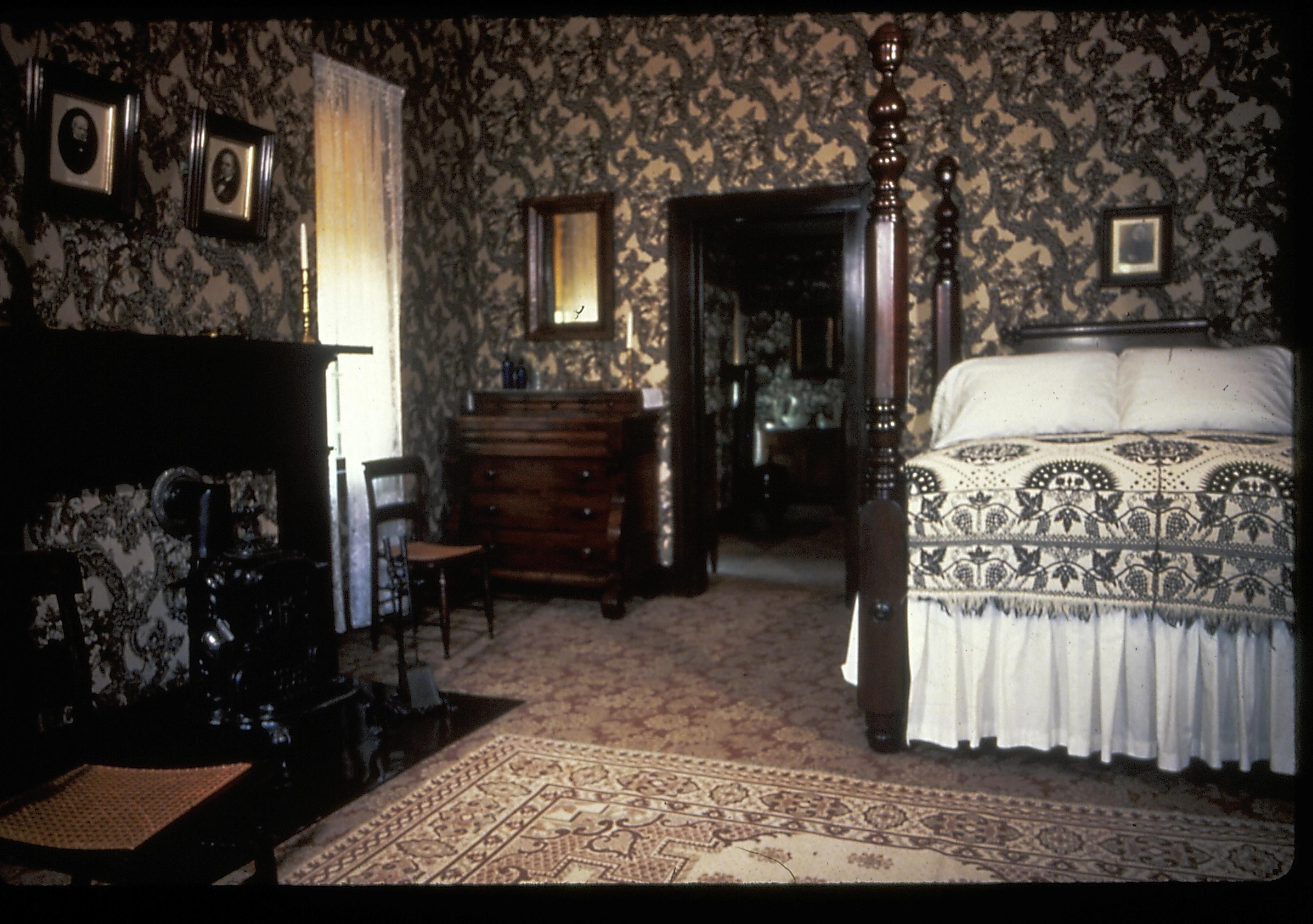 Spindle Desk - Lincoln's Home Lincoln Home, Bedroom, bed, rocking chair, fireplace, chest, doorway