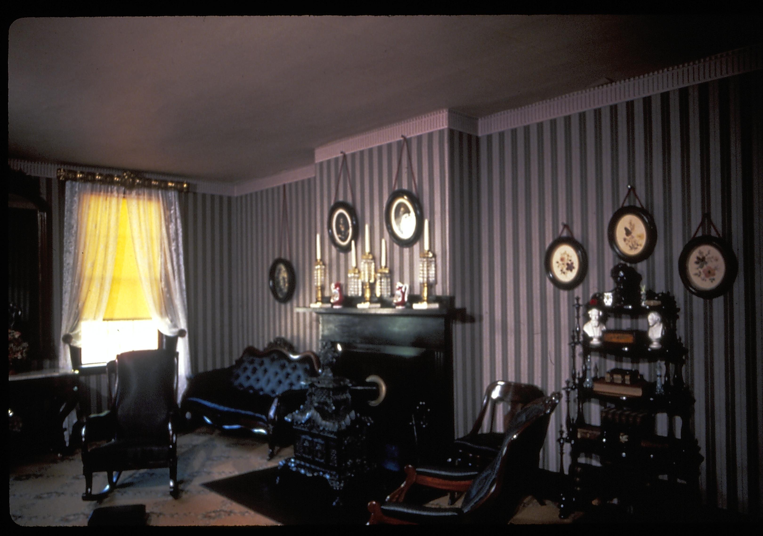 Lincoln's Bedroom Lincoln Home and Formal Parlor Lincoln Home, Bedroom, fireplace, chairs, chaise, window, wall fixtures