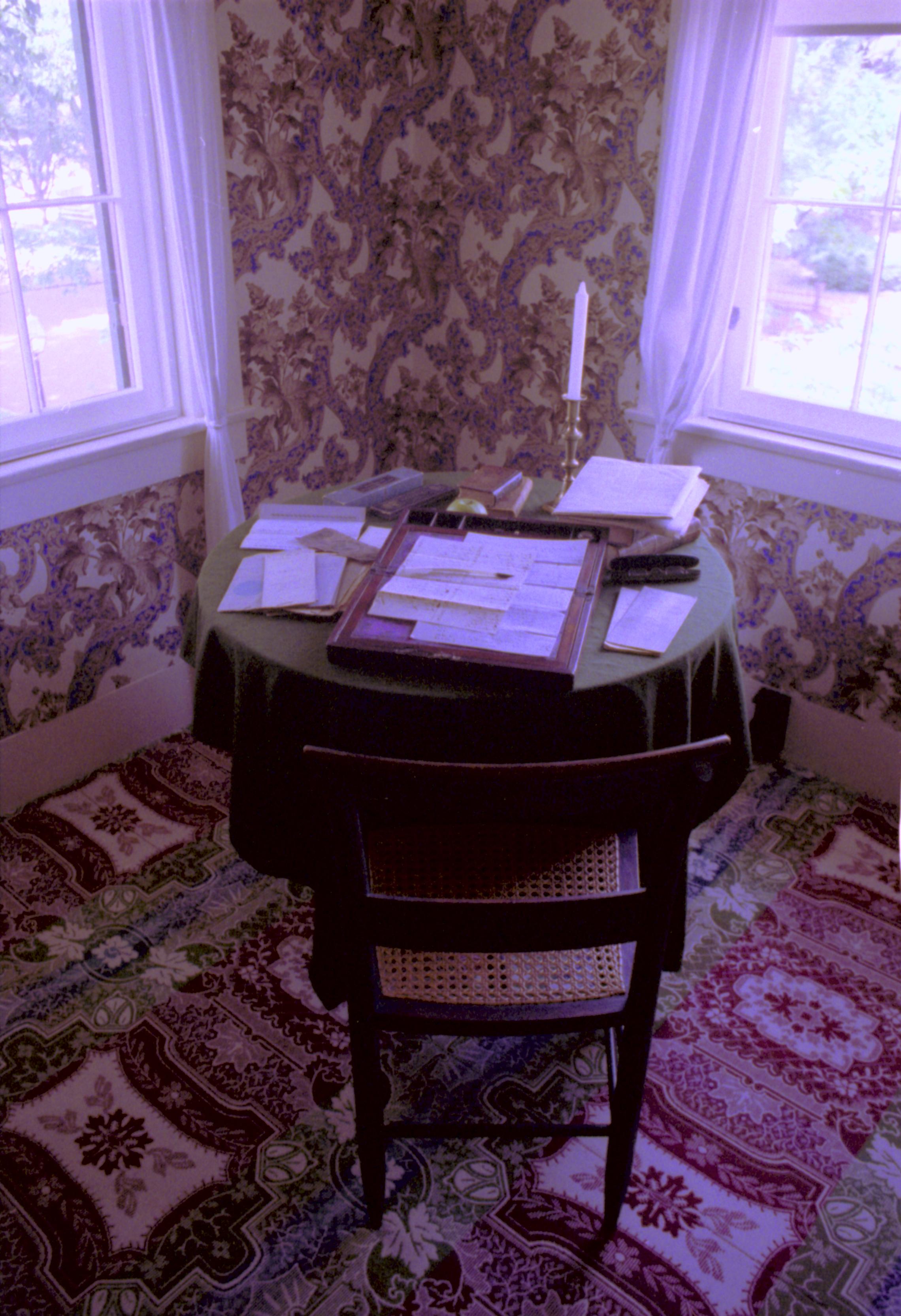 Lincoln's Bedroom Lincoln Home, Bedroom, chair, table, books