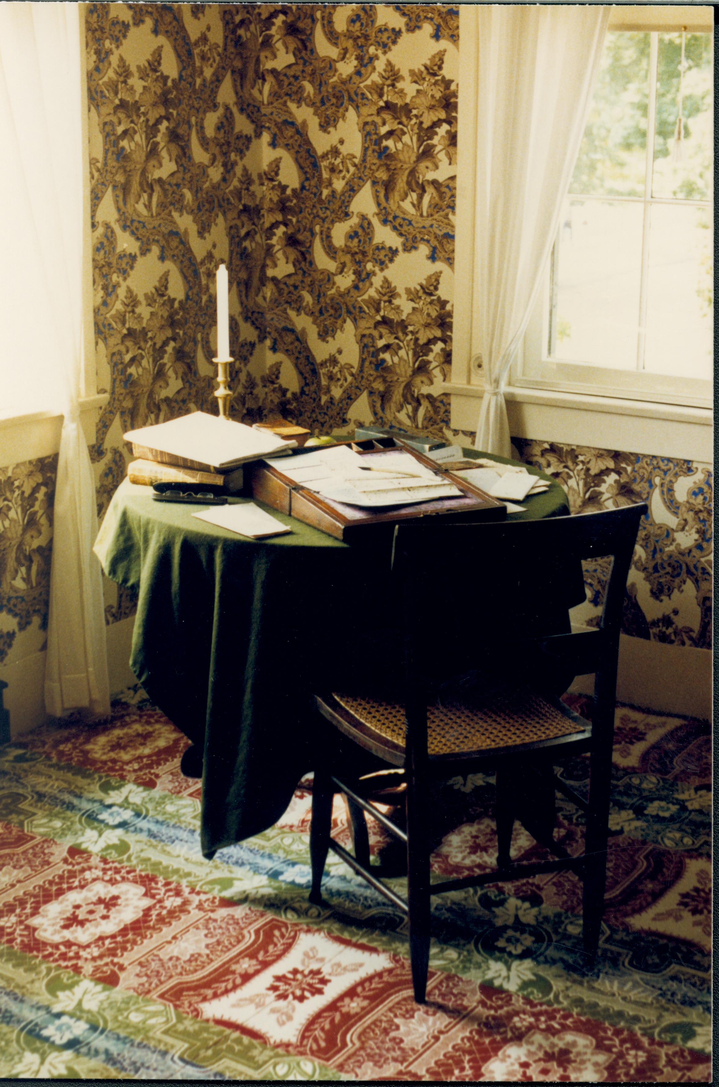 Lincoln's Bedroom #10 Lincoln Home, Bedroom, table, chair, papers, candle