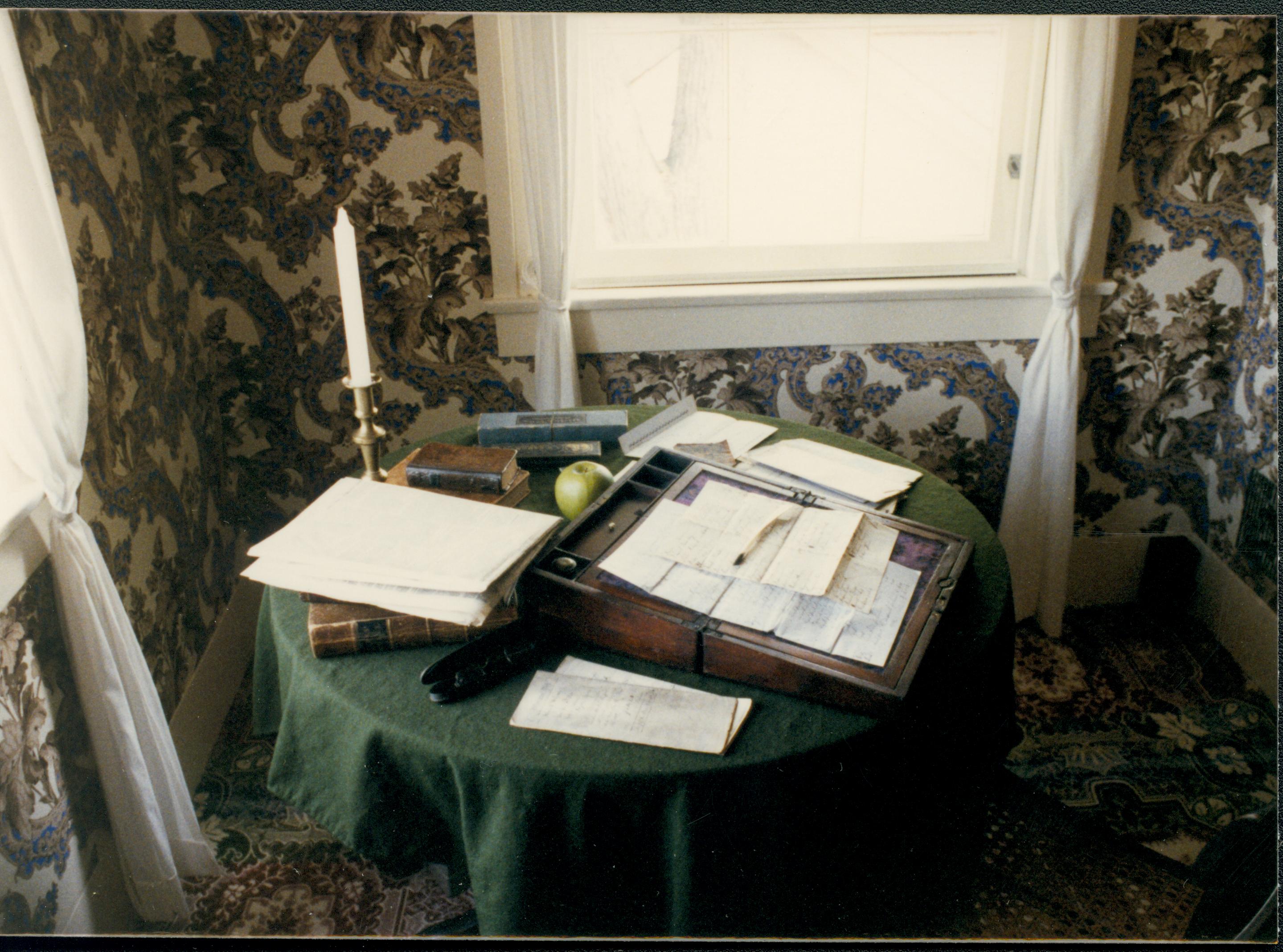 Lincoln's Bedroom #11 Lincoln Home, Bedroom, table, documents, quill pen, apple, candle, books