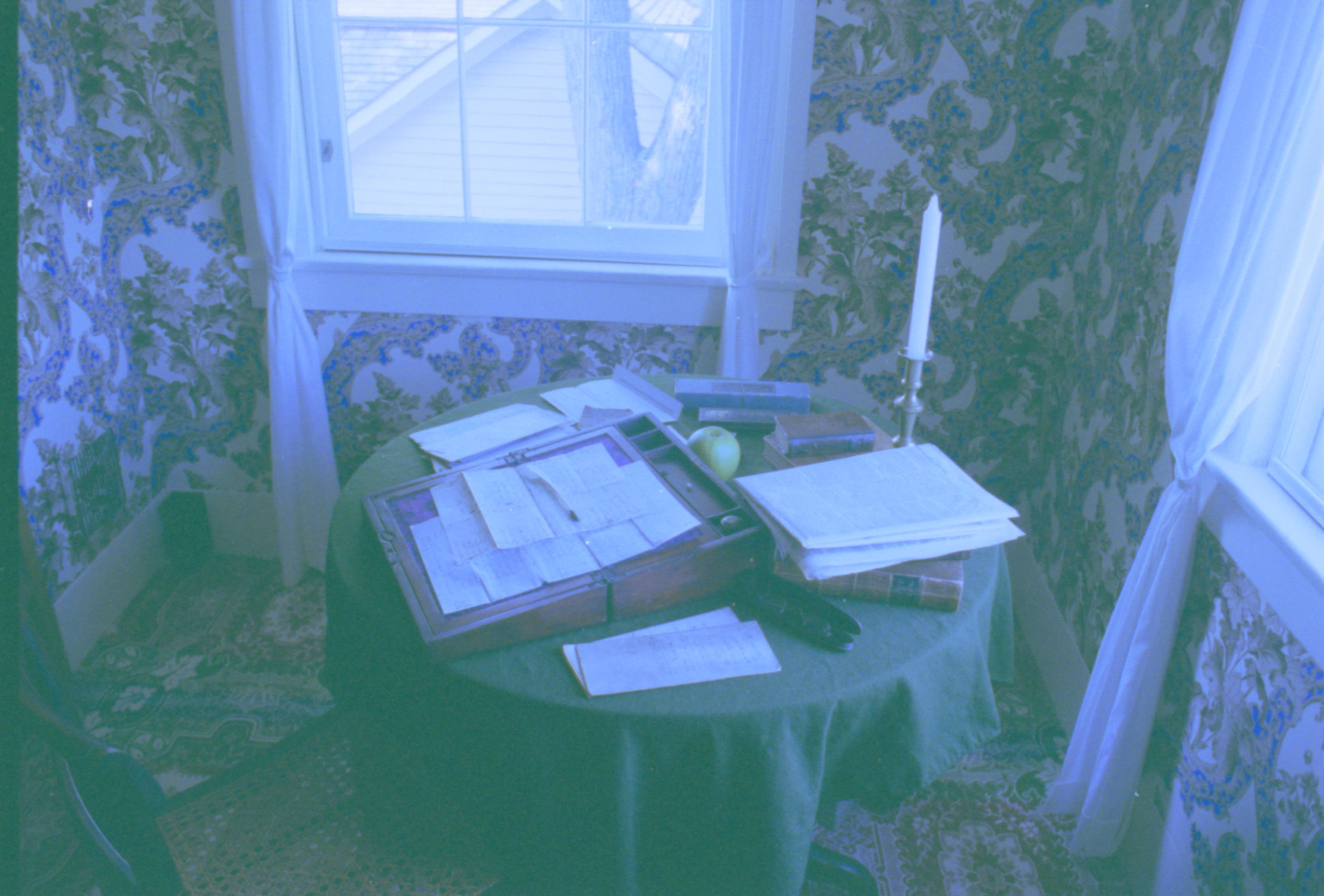 Lincoln's Bedroom Lincoln Home, Bedroom, chair, table, books