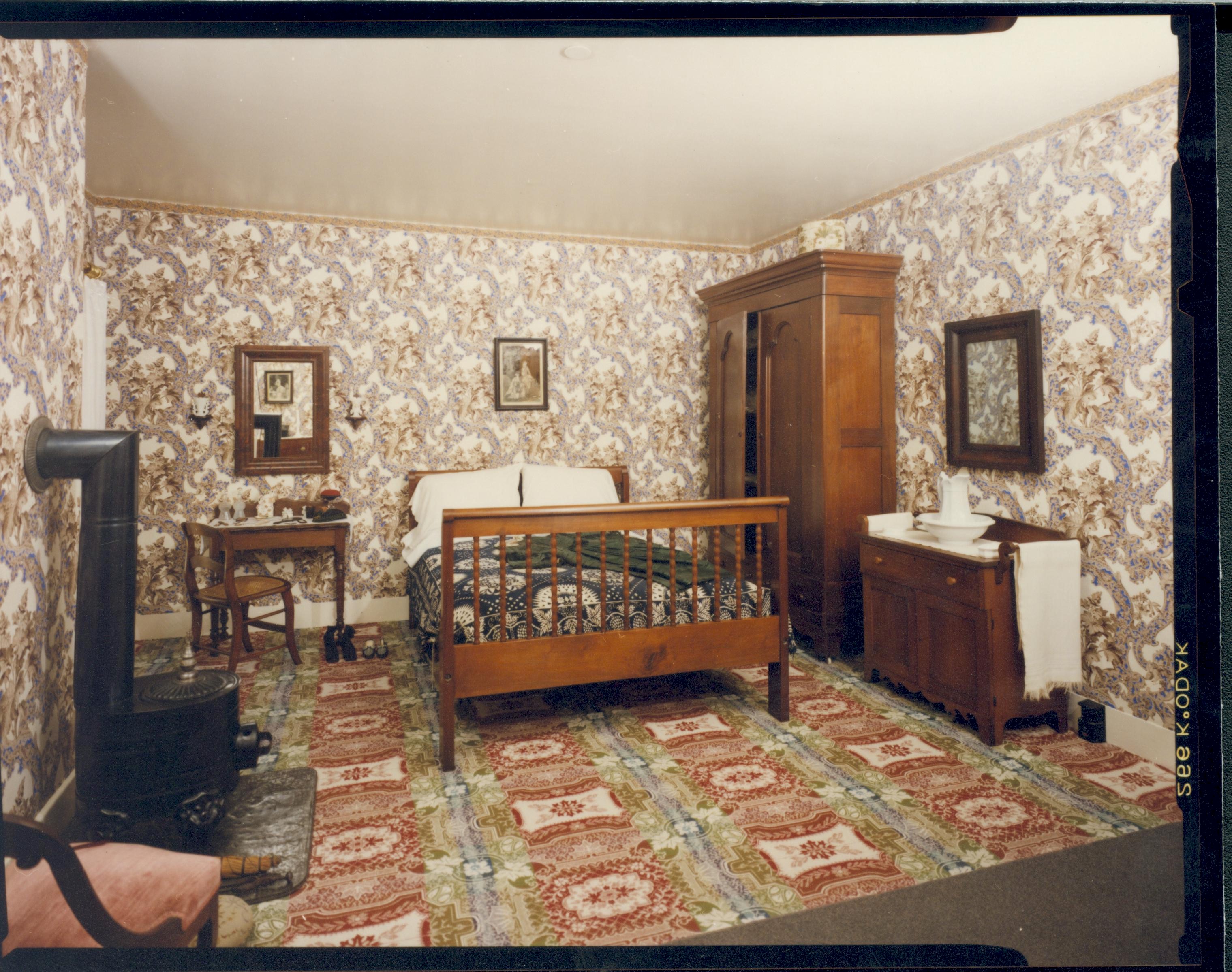 Mrs. Lincoln's Bedroom #14, 1991, PSC Lincoln Home, Mrs. Lincoln bedroom, rocking chair, fireplace, chest