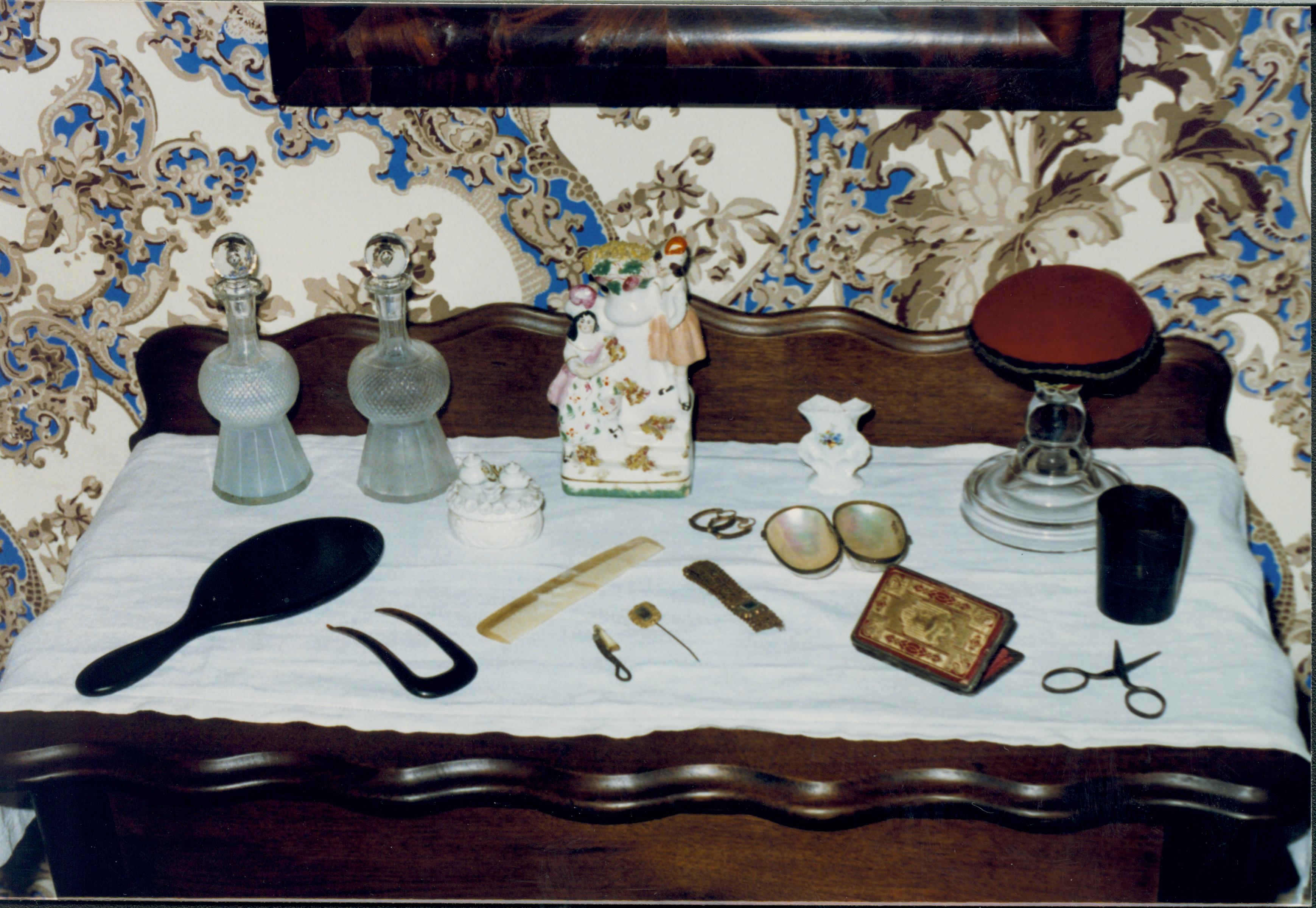Mary's bedroom Mary's Bedroom, tablecloth, mirror, perfume, combs, scissors
