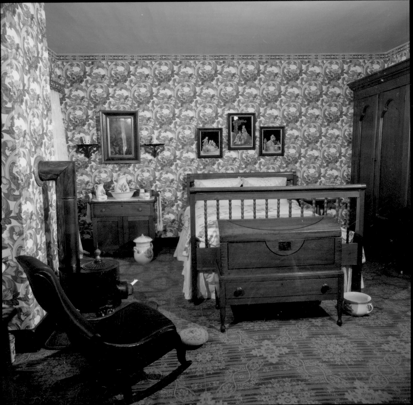 Mrs. Lincoln's Bedroom Lincoln Home, Mrs. Lincoln bedroom, table, books, papers, glasses, chair
