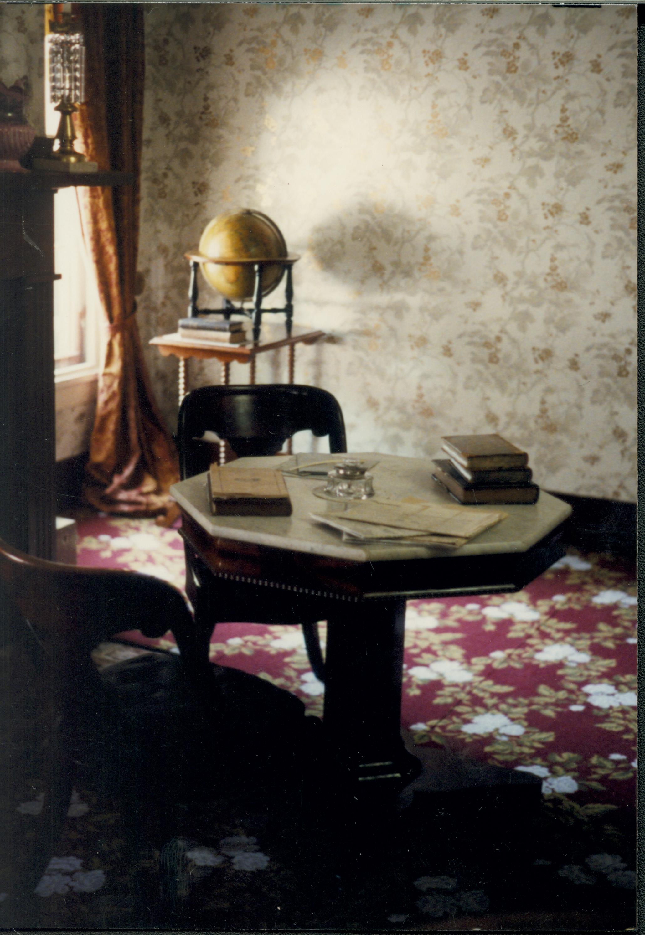 NA Lincoln Home, Rear Parlor, table, chair, window, globe, documents