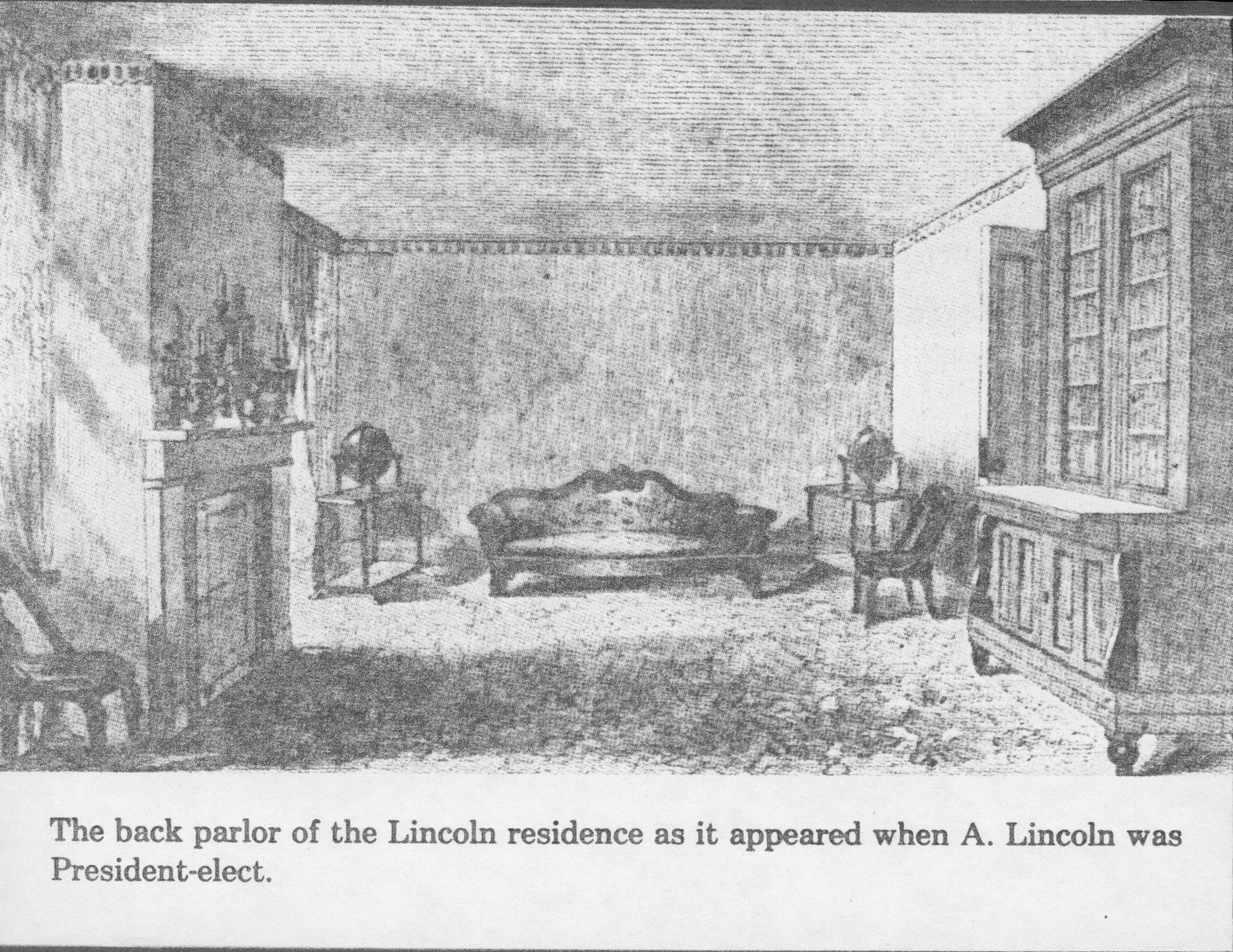 The back parlor of the Lincoln residence as it appeared when A. Lincoln was President-elect. Interpretation, Home Furnishings, Home Decor