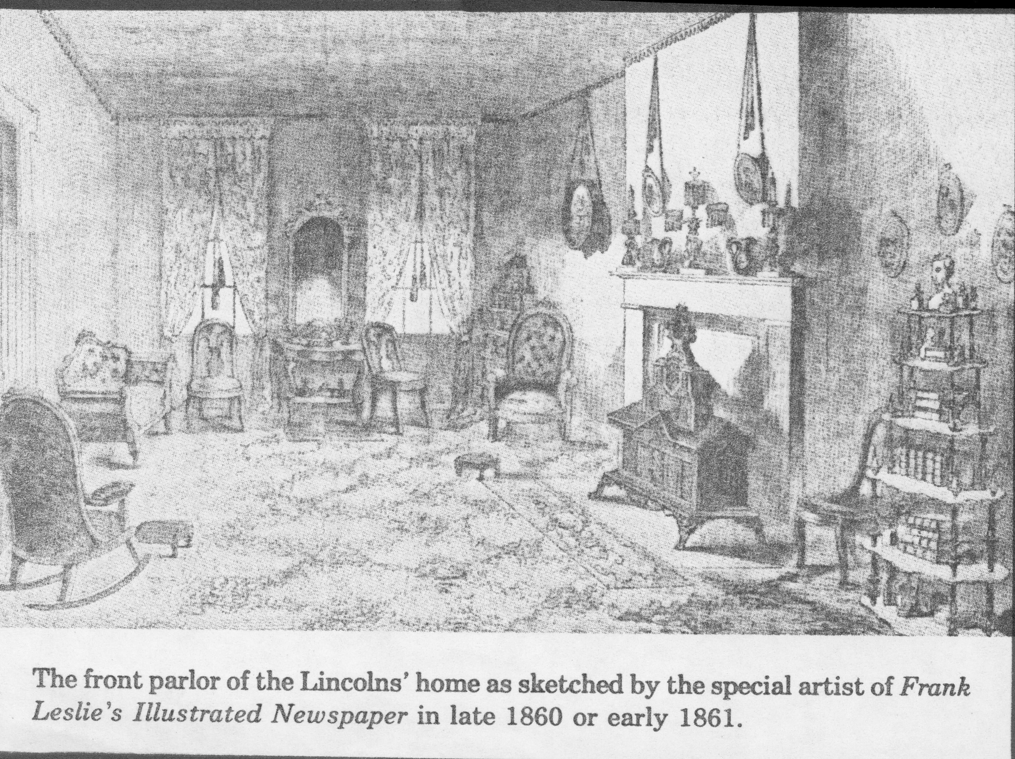 The front parlor of the Lincoln's home as sketched by the special artist of Frank Leslies Illustrated Newspaper in 1860 or 1861. Interpretation, Home Furnishings, Home Decor