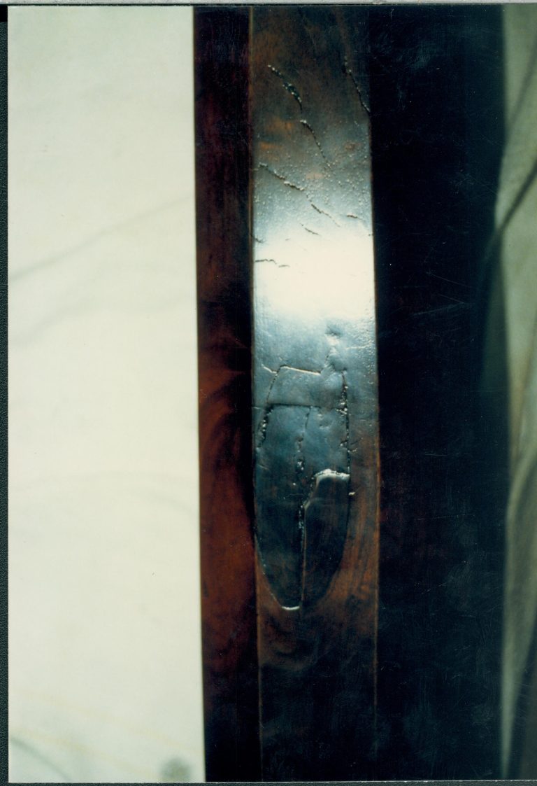 Shows large knot repair on right head board post Lincoln Home NHS catalog 57, #57 furnishings