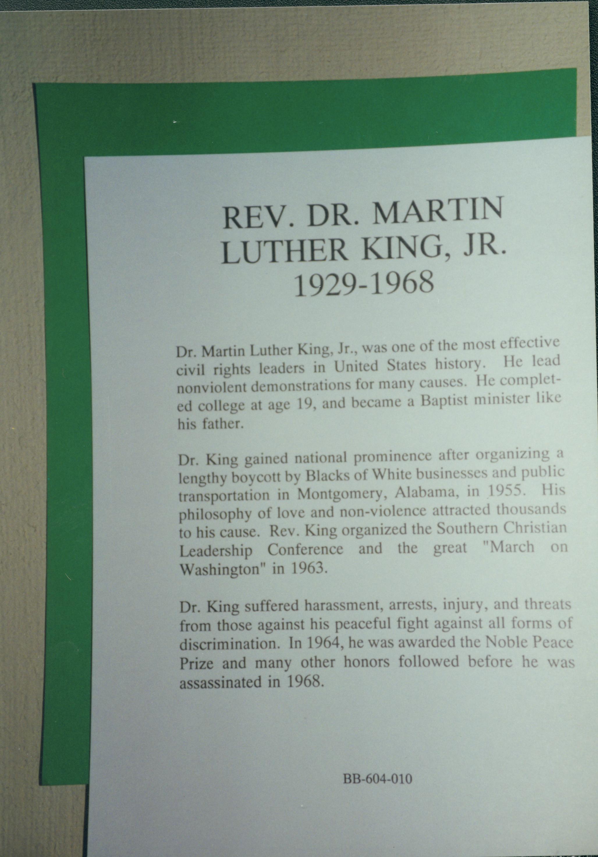 NA Lincoln Home NHS, Black History Month 1994 Dr. King, information