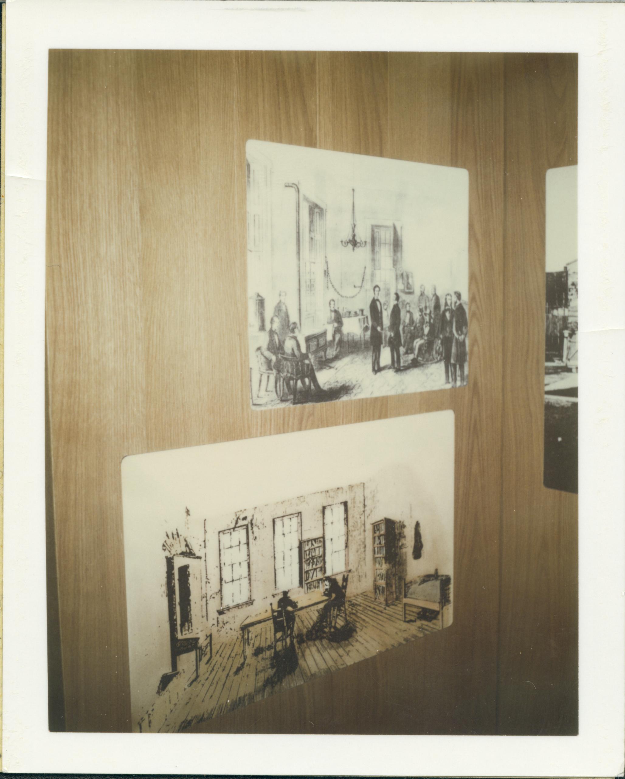 top: Frank Leslie, President receives friends at Old State Capitol, bottom: Frank Leslie, Lincoln-Stuart law office (interior) Lincoln Home NHS, class 13, pic 2, 22, exhibit #6 display, law office, Old State Capitol