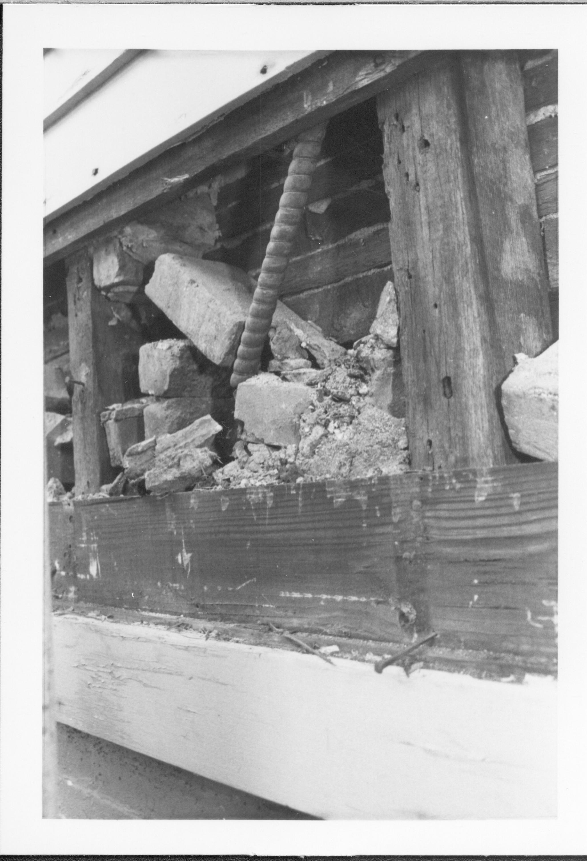 photos of front porch ceiling, below and of interior framing between porch ceiling and 2nd floor joists Lincoln Home NHS, renovation, outer wall renovation, investigation