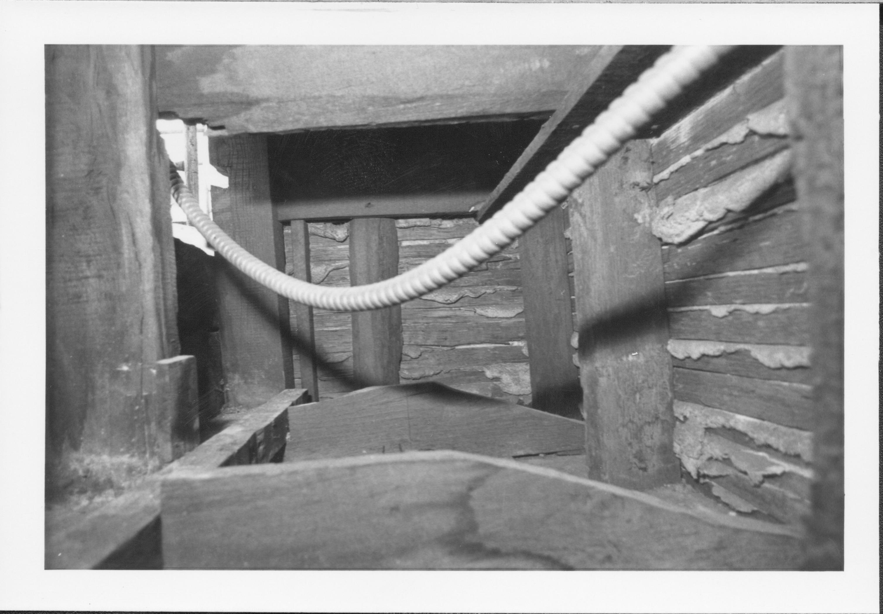 photos of front porch ceiling, below and of interior framing between porch ceiling and 2nd floor joists Lincoln Home NHS, renovation, outer wall renovation, investigation