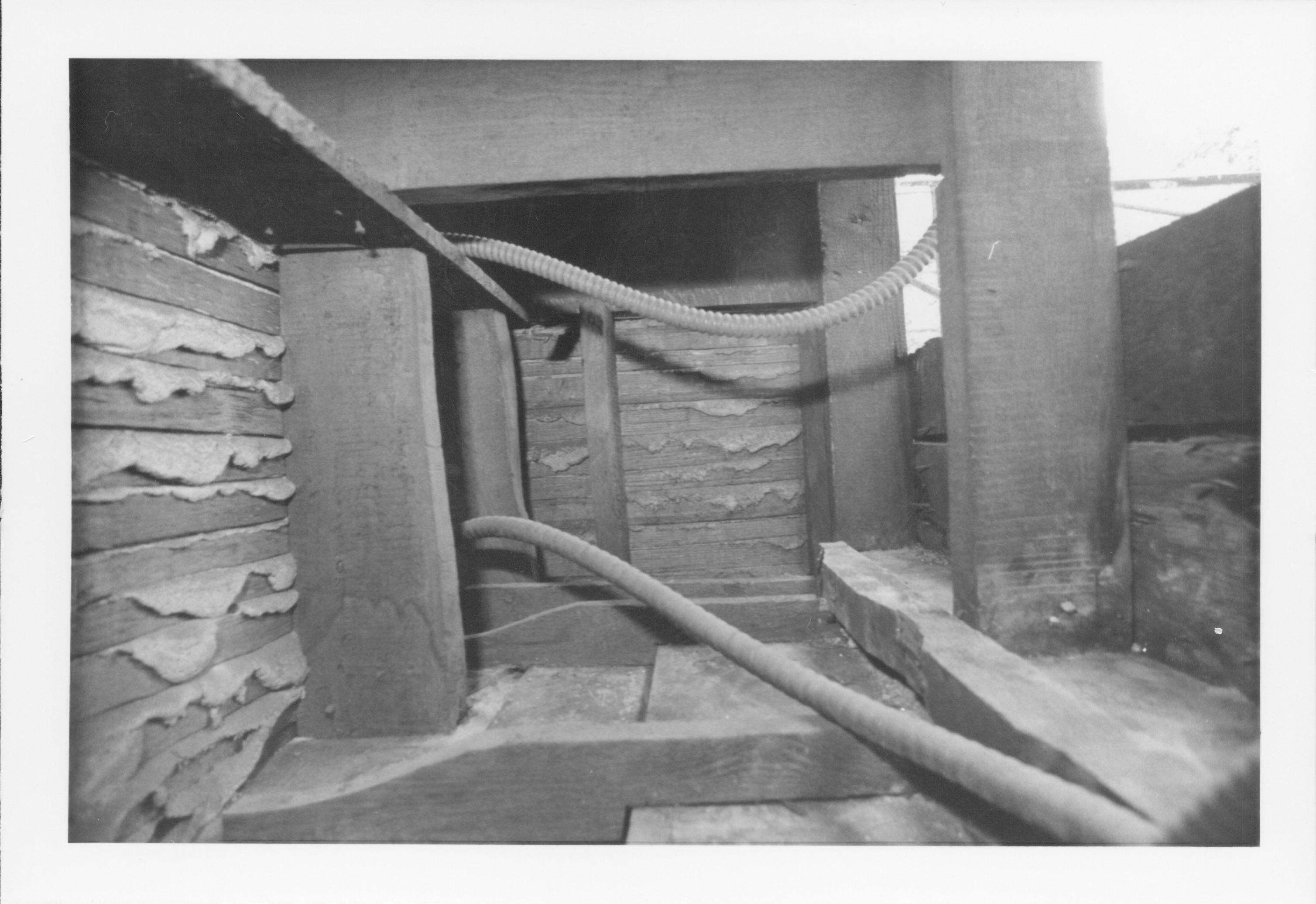 photos of front porch ceiling, below and of interior framing between porch ceiling and 2nd floor joists Lincoln Home NHS, renovation renovation, investigation