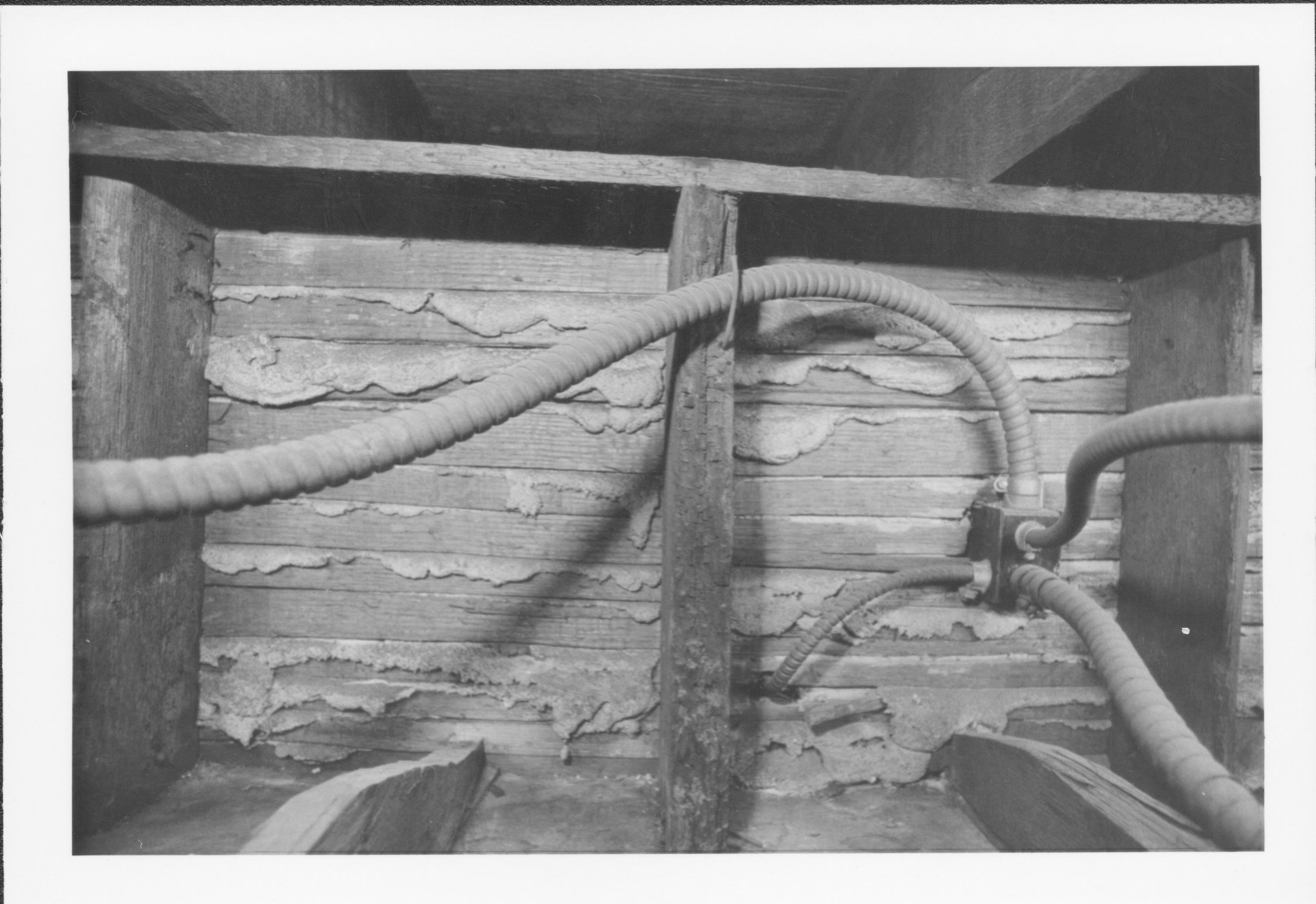 photos of front porch ceiling, below and of interior framing between porch ceiling and 2nd floor joists Lincoln Home NHS, renovation renovation, investigation