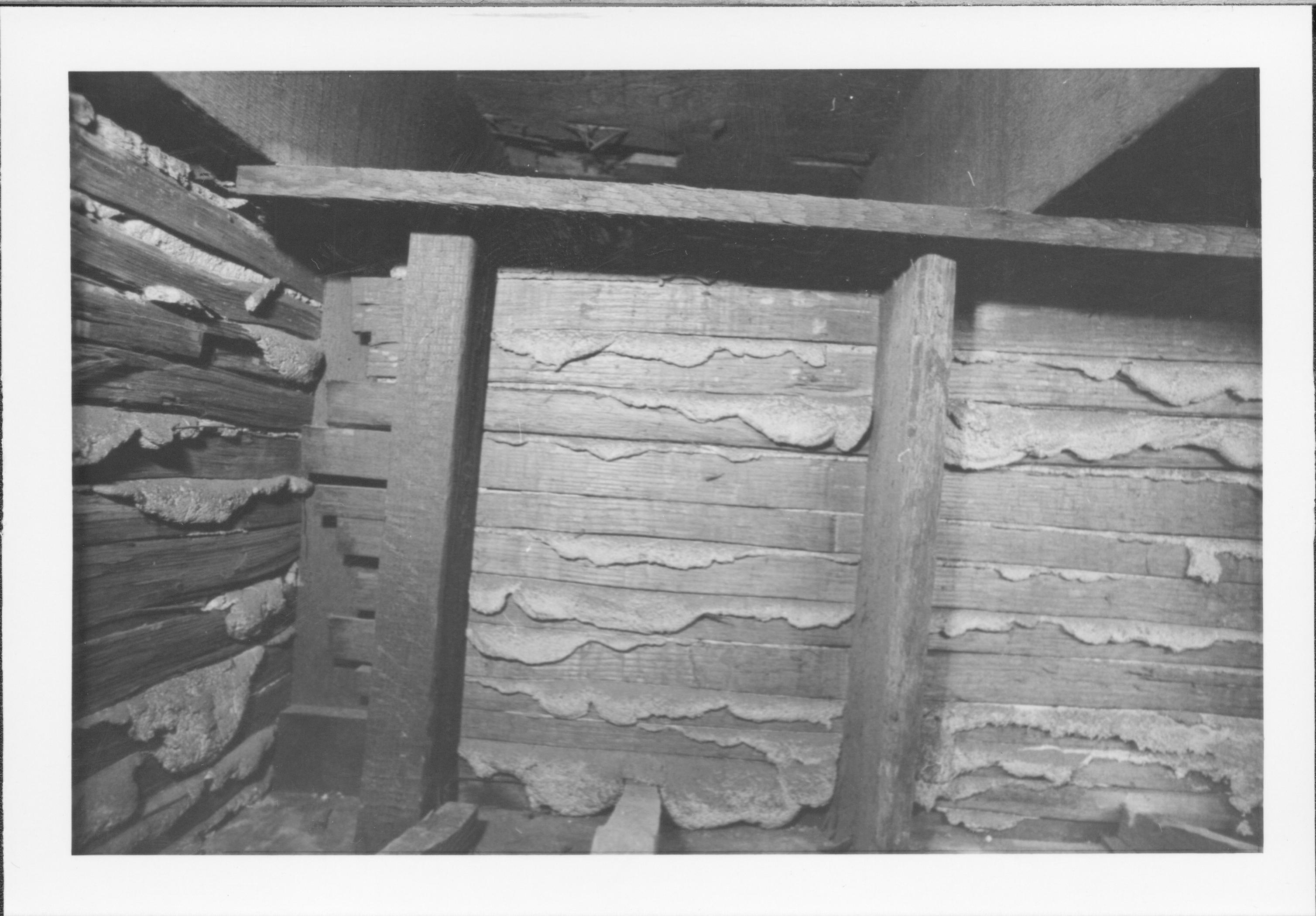 photos of front porch ceiling, below and of interior framing between porch ceiling and 2nd floor joists Lincoln Home NHS, renovation renovation, investigation