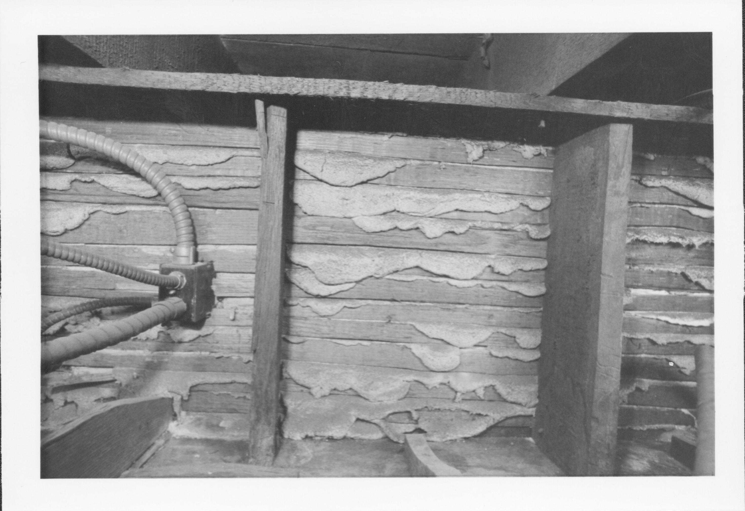 photos of front porch ceiling, below and of interior framing between porch ceiling and 2nd floor joists Lincoln Home NHS, renovation renovation, investigation