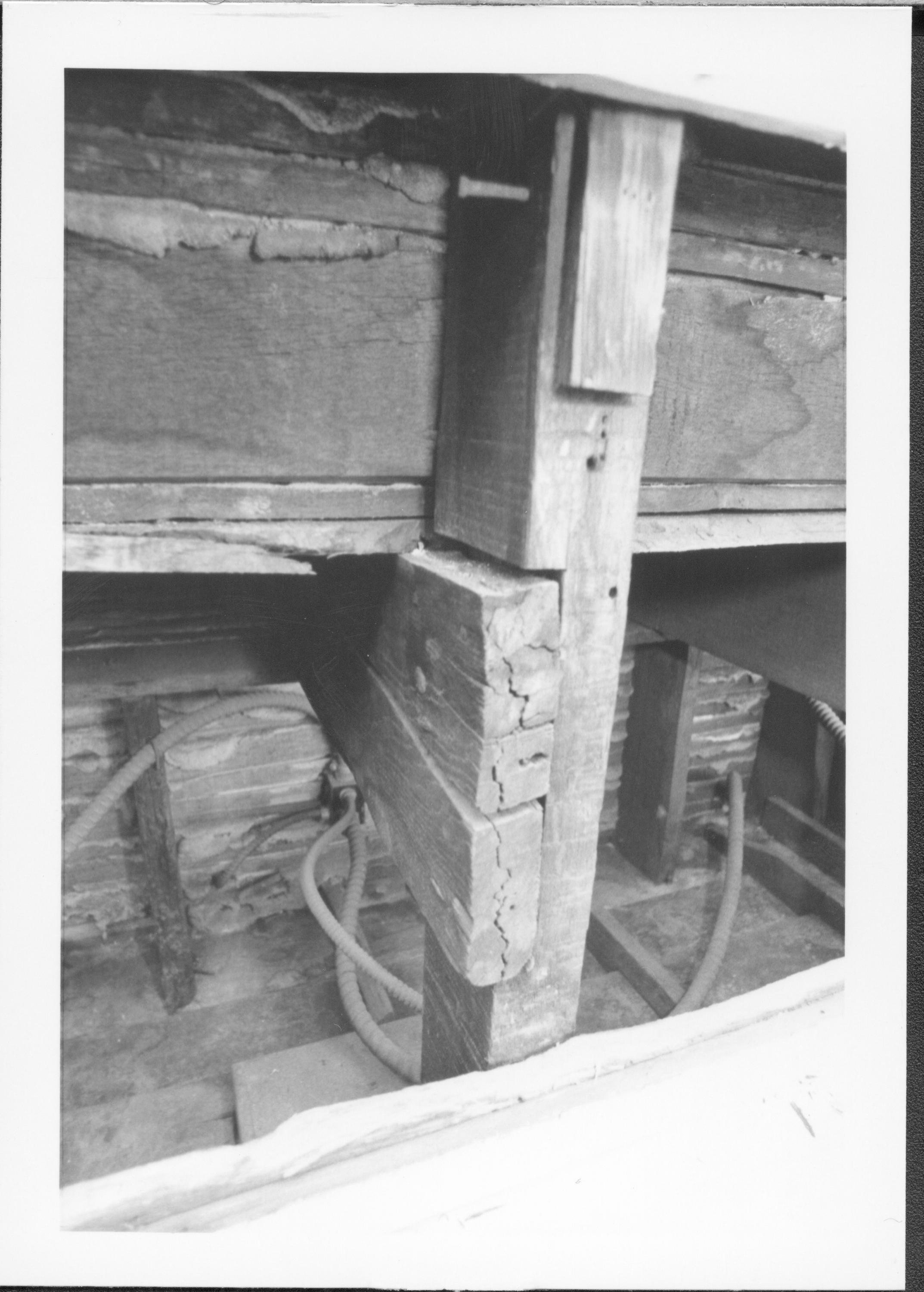 photos of front porch ceiling, below and of interior framing between porch ceiling and 2nd floor joists Lincoln Home NHS, renovation renovation, investigation