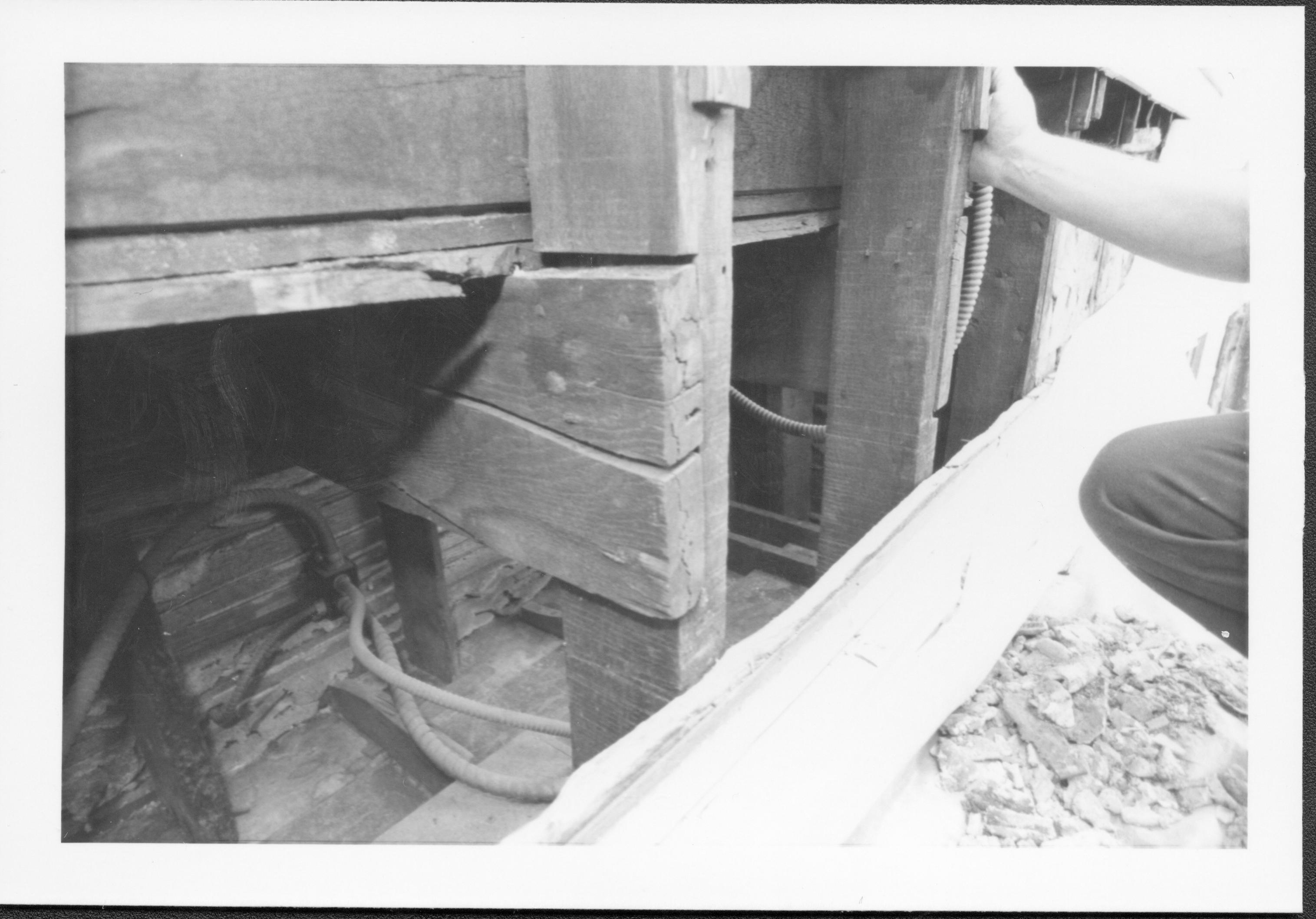 photos of front porch ceiling, below and of interior framing between porch ceiling and 2nd floor joists Lincoln Home NHS, renovation renovation, investigation