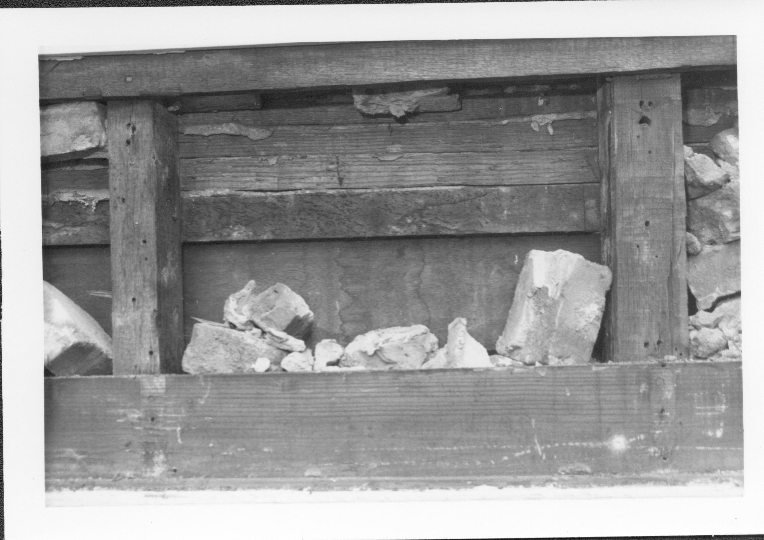 photos of front porch ceiling, below and of interior framing between porch ceiling and 2nd floor joists Lincoln Home NHS, renovation, outer wall renovation, investigation