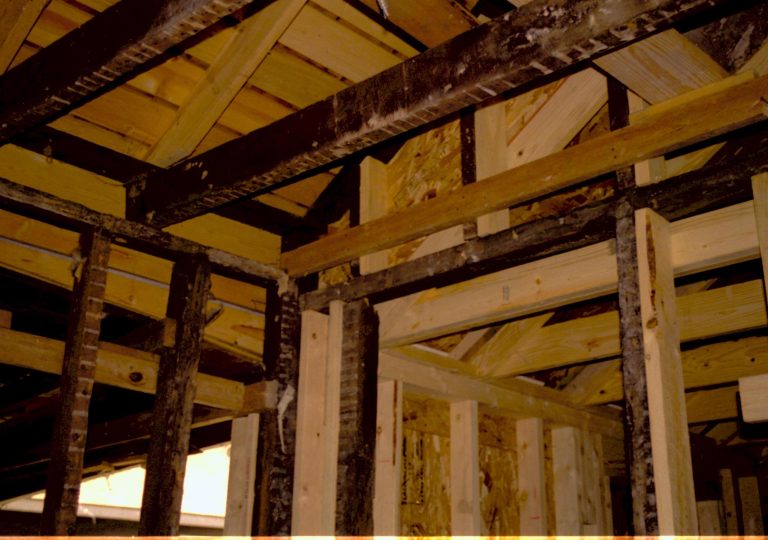 Room 105 and 104, Photo taen looking NW, from room 104 into room 105 (addition). Detail of roof (joists, frames, rafters, etc.) and SW corner of room 104 Lincoln Home NHS, roll N9 Corneau, Arnold Barn, Sprigg renovation