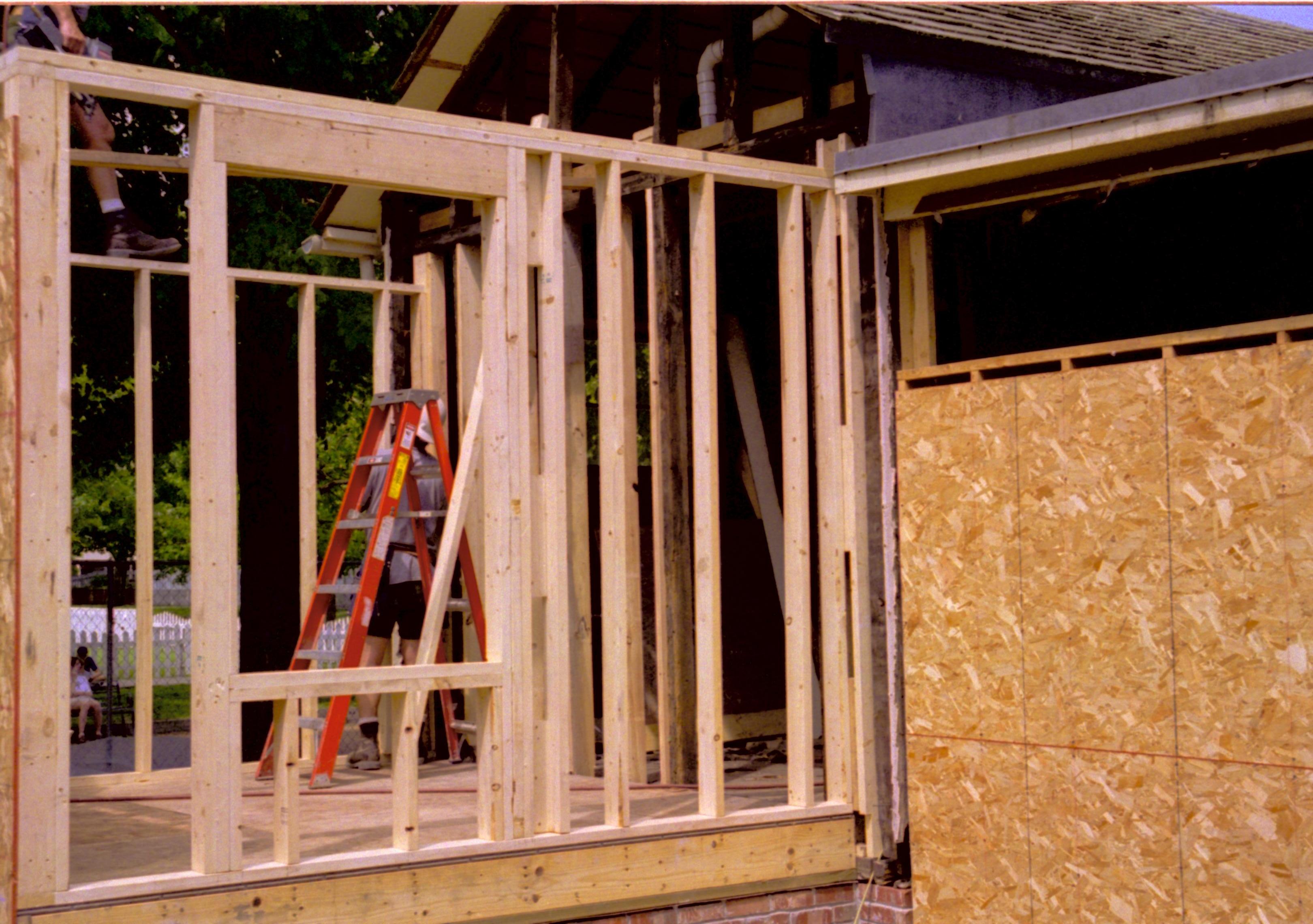 South wall in foreground. Can see detail where Southeast corner of room connects to the structure Lincoln Home NHS, HS-2, CRS Collection Move, Arnold Barn, Room 105, Roll N8, exp 13 Corneau, renovation