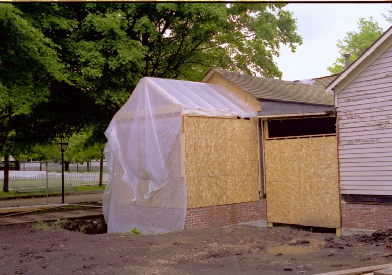West wall of house, room 105 under construction. Foundations clearly seen Lincoln Home NHS, CRS Collection Move, Arnold Barn, Room 105, Roll N8, exp 22 Corneau, renovation