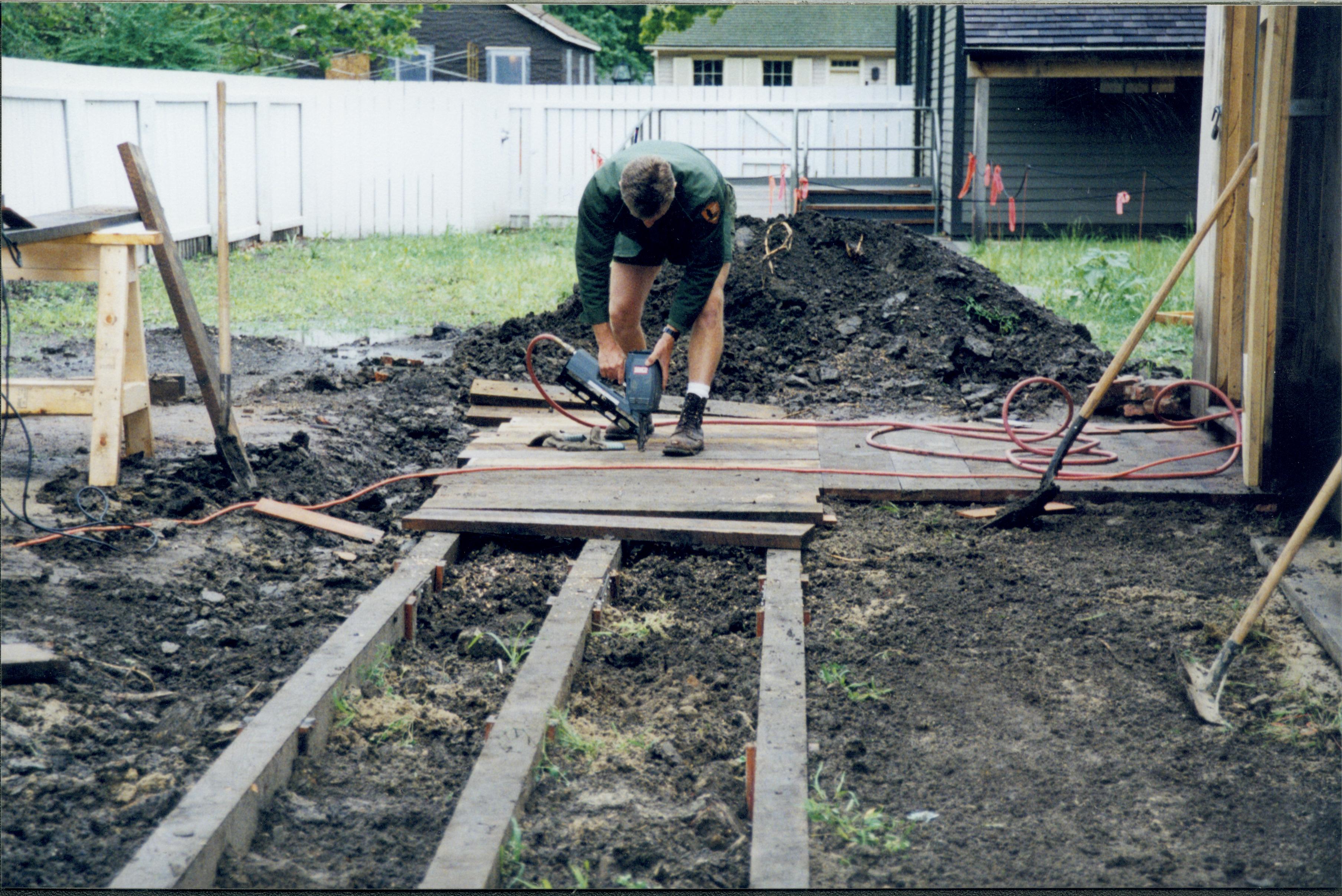 South side. Boardwalk installation on South side of structure; photo taken facing West (built by Ed Smith and Kirk Johnson) Lincoln Home NHS, Arnold Barn, Roll N9 exp #17, sheet 1 of 2 renovation, Arnold Barn, boardwalk