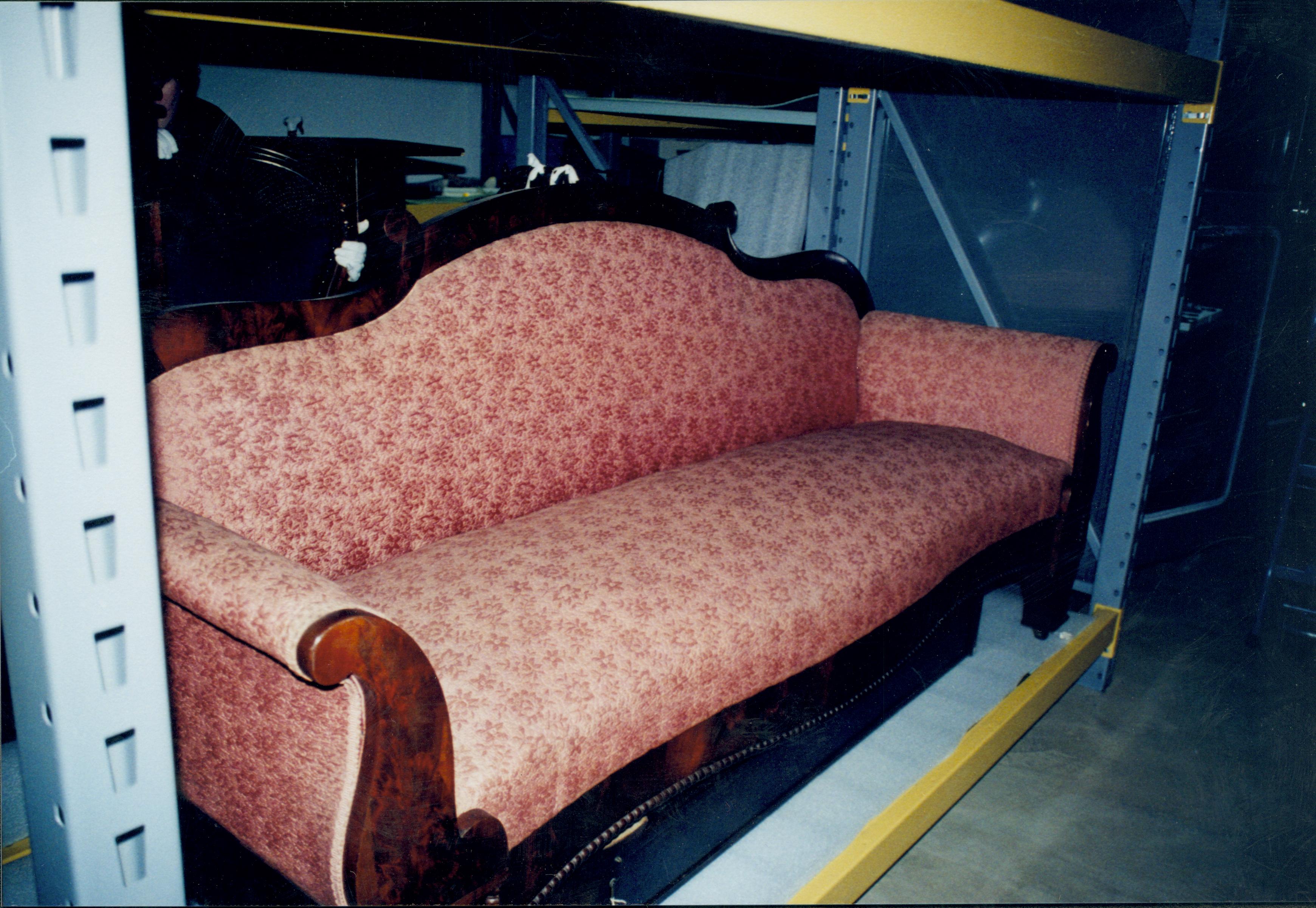 Settee held in storage; N3 storage space Lincoln Home NHS, 1998 CRS Collection Move, Roll N7, exp 22 sheet 8 of 9 Arnold Barn, storage room, furnishings, sofa